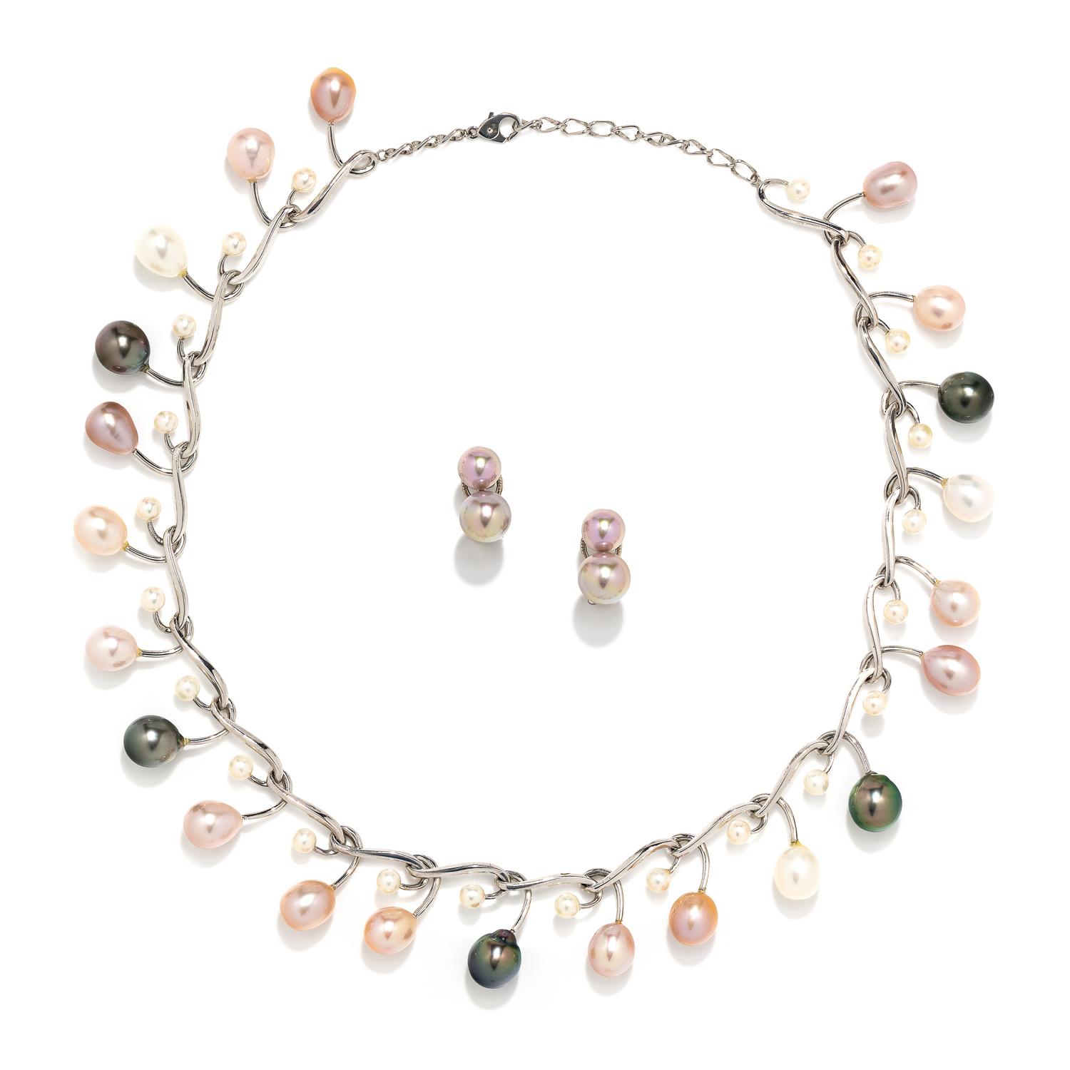 MULTICOLOR CULTURED PEARL NECKLACE AND EARRINGS