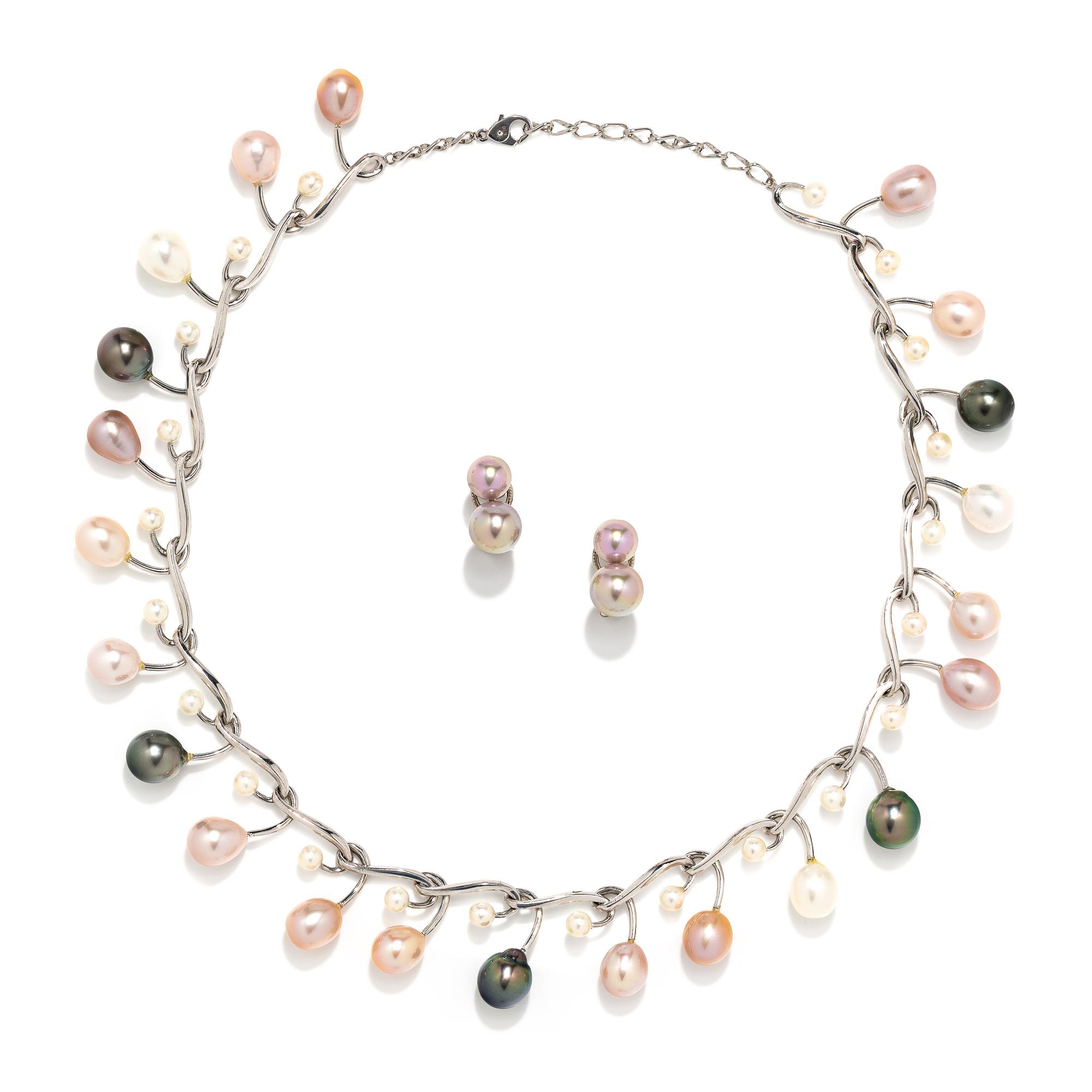 MULTICOLOR CULTURED PEARL NECKLACE AND EARRINGS