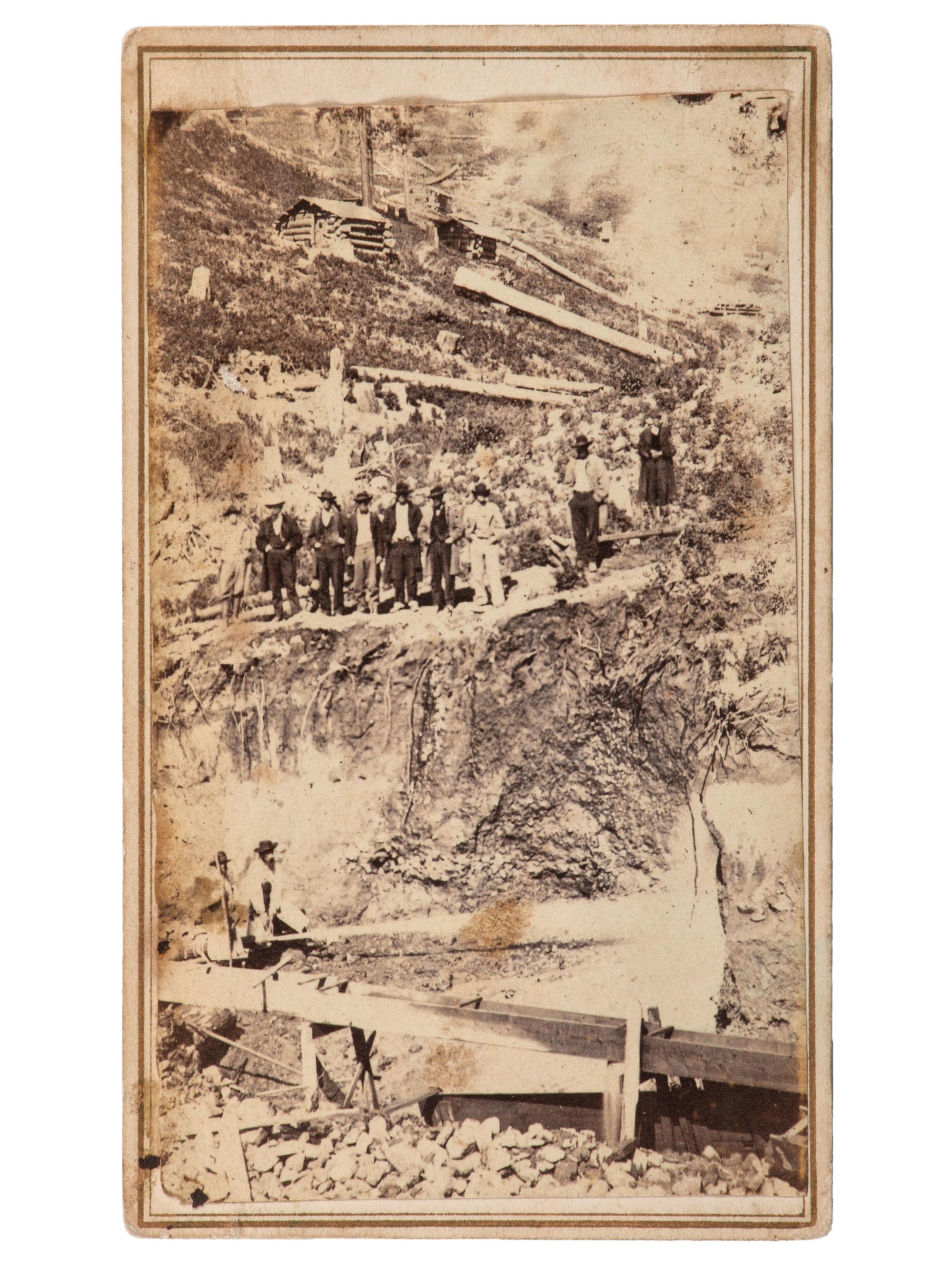 [WESTERN AMERICANA - MINING]. CDV of a hydraulic gold mining operation. N.p., n.d.