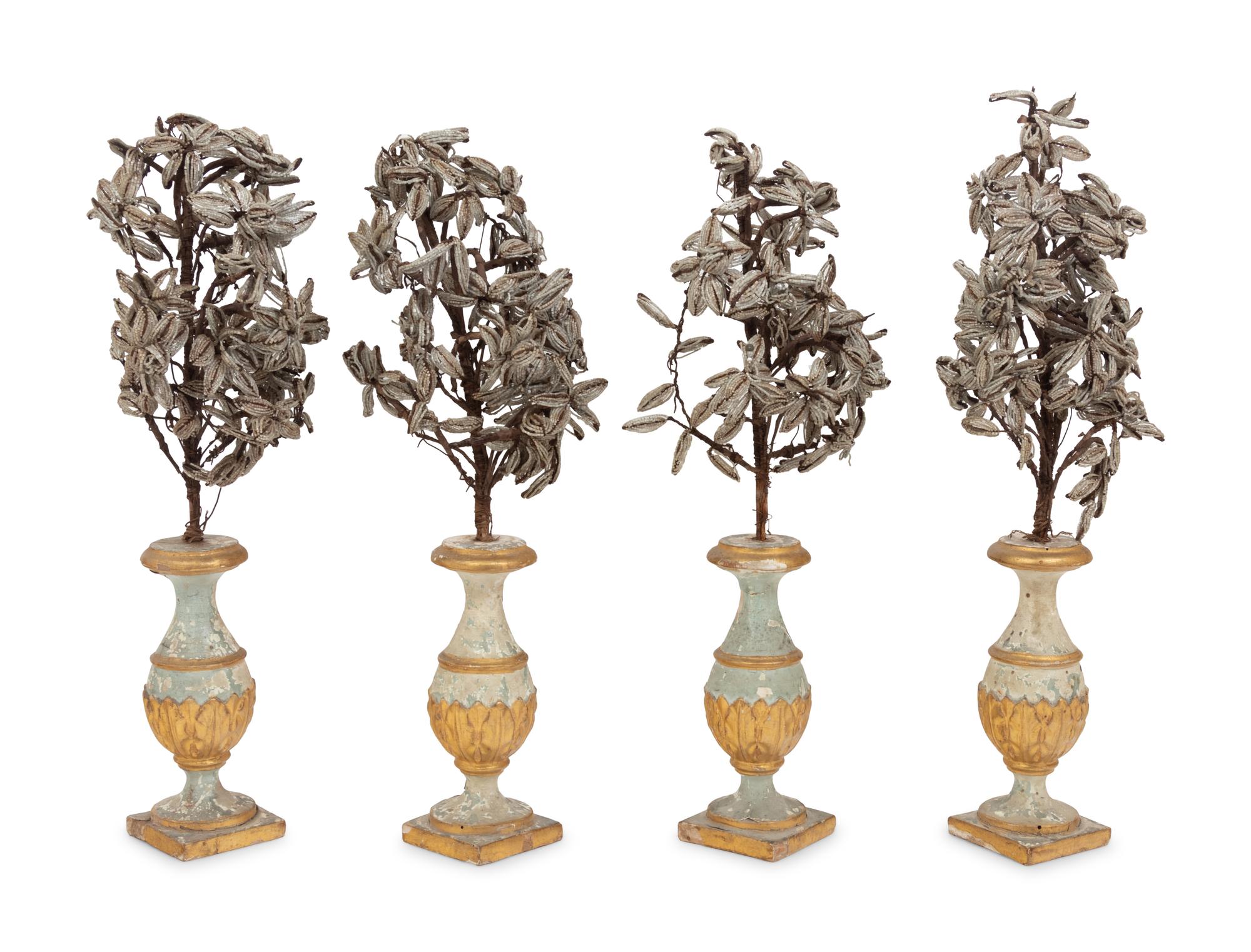 A Set of Four Continental Painted and Parcel Gilt Wood Vases Issuing Beaded Models of Flowering Trees