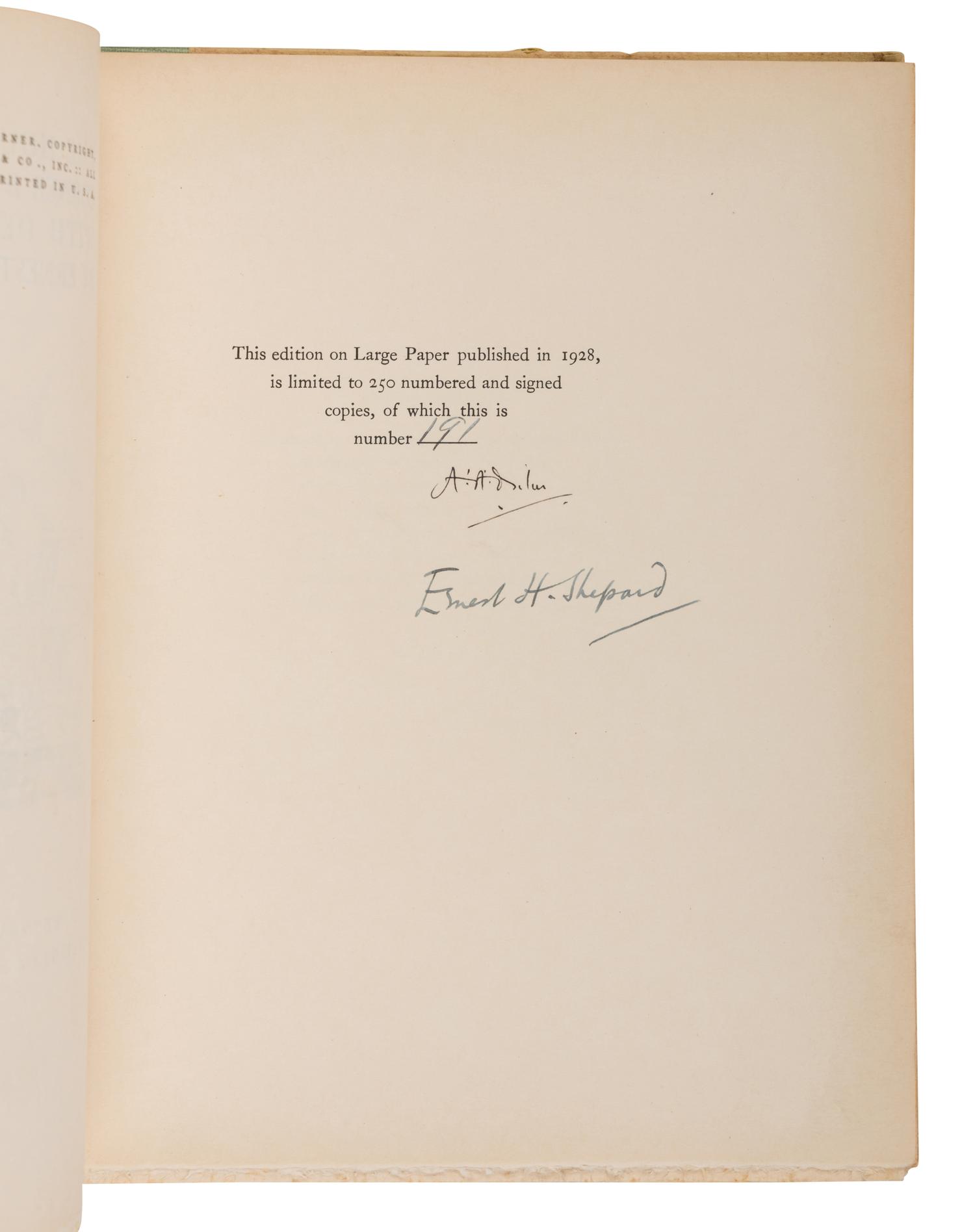 MILNE, A.A. (1882-1956). The House at Pooh Corner . Ernest H. Shepard, decorations. New York: E.P. Dutton, 1928.