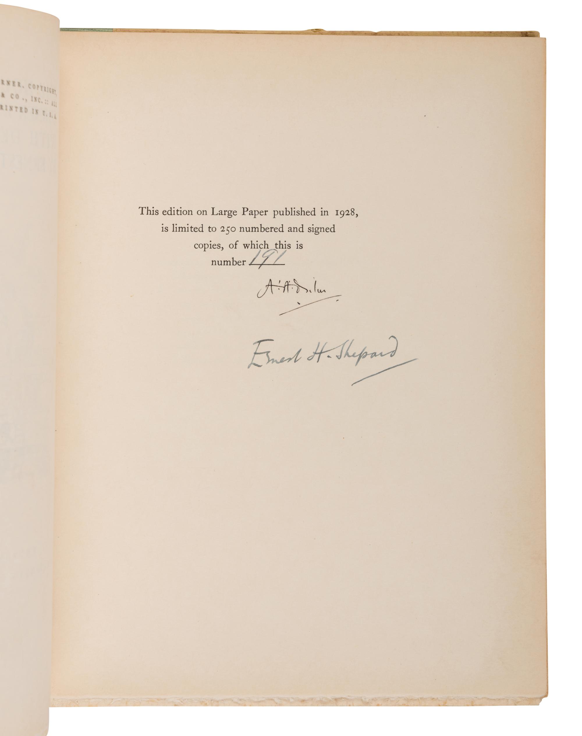 MILNE, A.A. (1882-1956). The House at Pooh Corner . Ernest H. Shepard, decorations. New York: E.P. Dutton, 1928.
