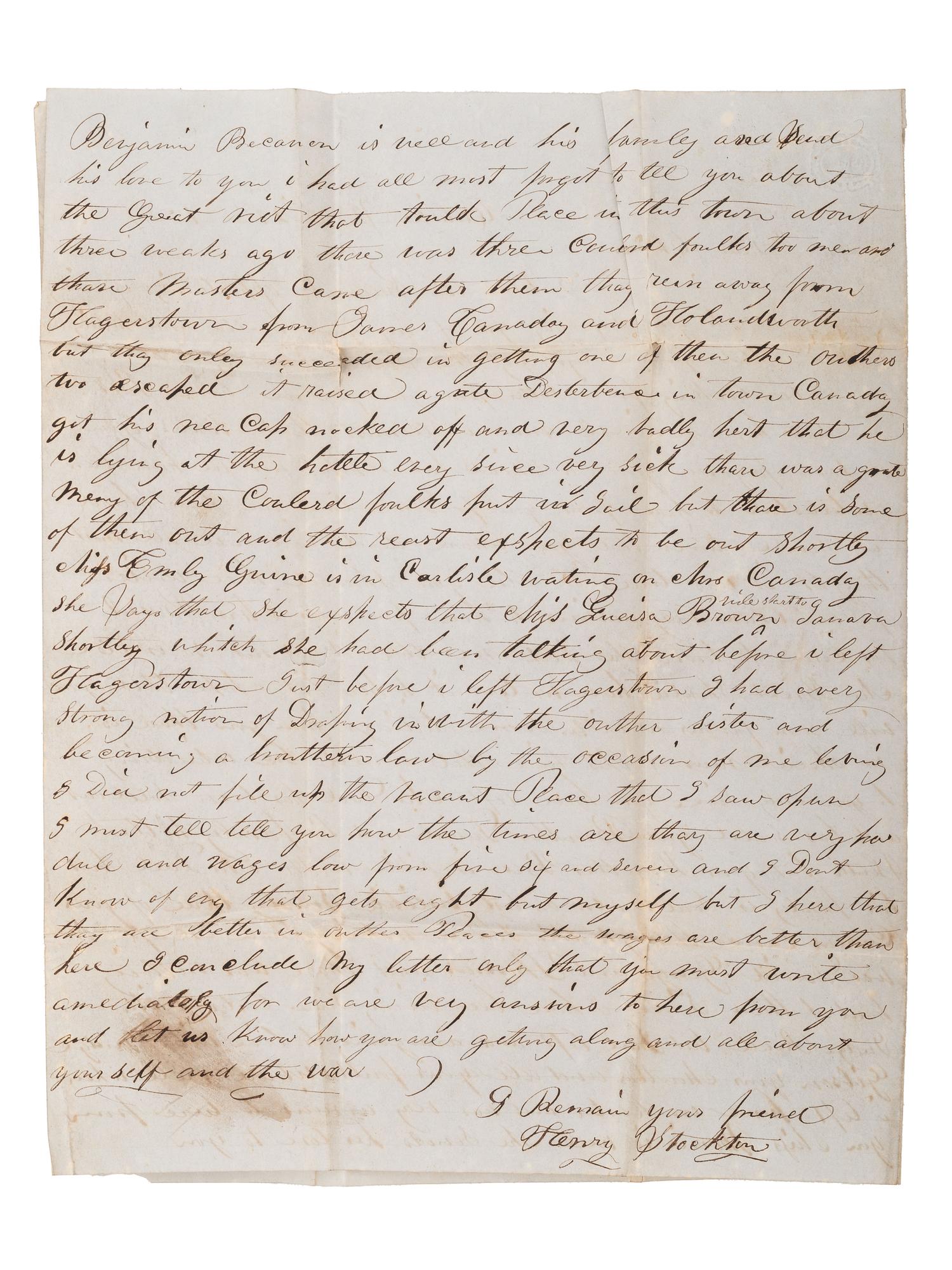[UNDERGROUND RAILROAD - MCCLINTOCK RIOT]. Detailed ALS from a free Black man to a friend in Mexico.