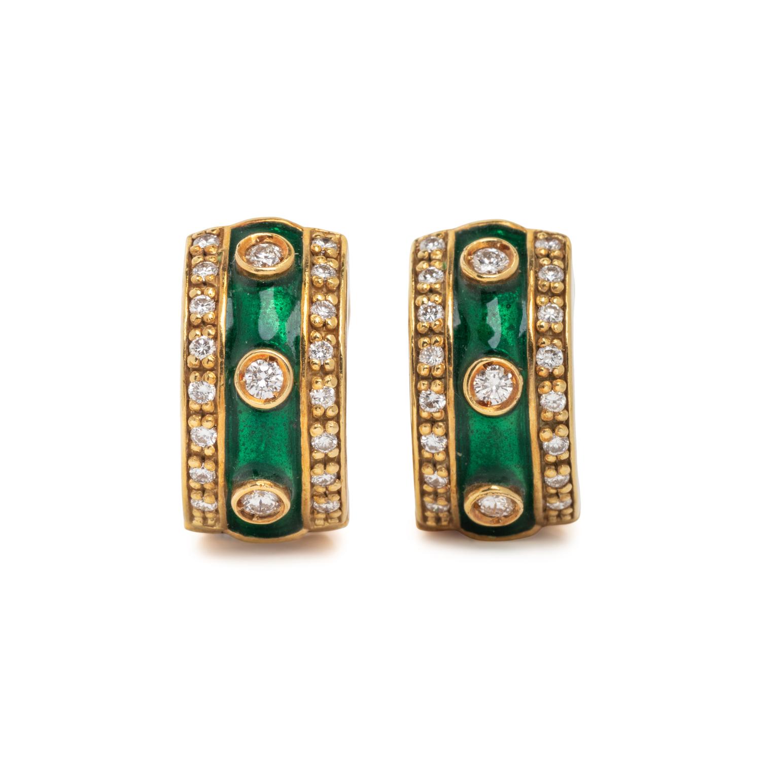 YELLOW GOLD, DIAMOND, AND ENAMEL HUGGIE EARRINGS