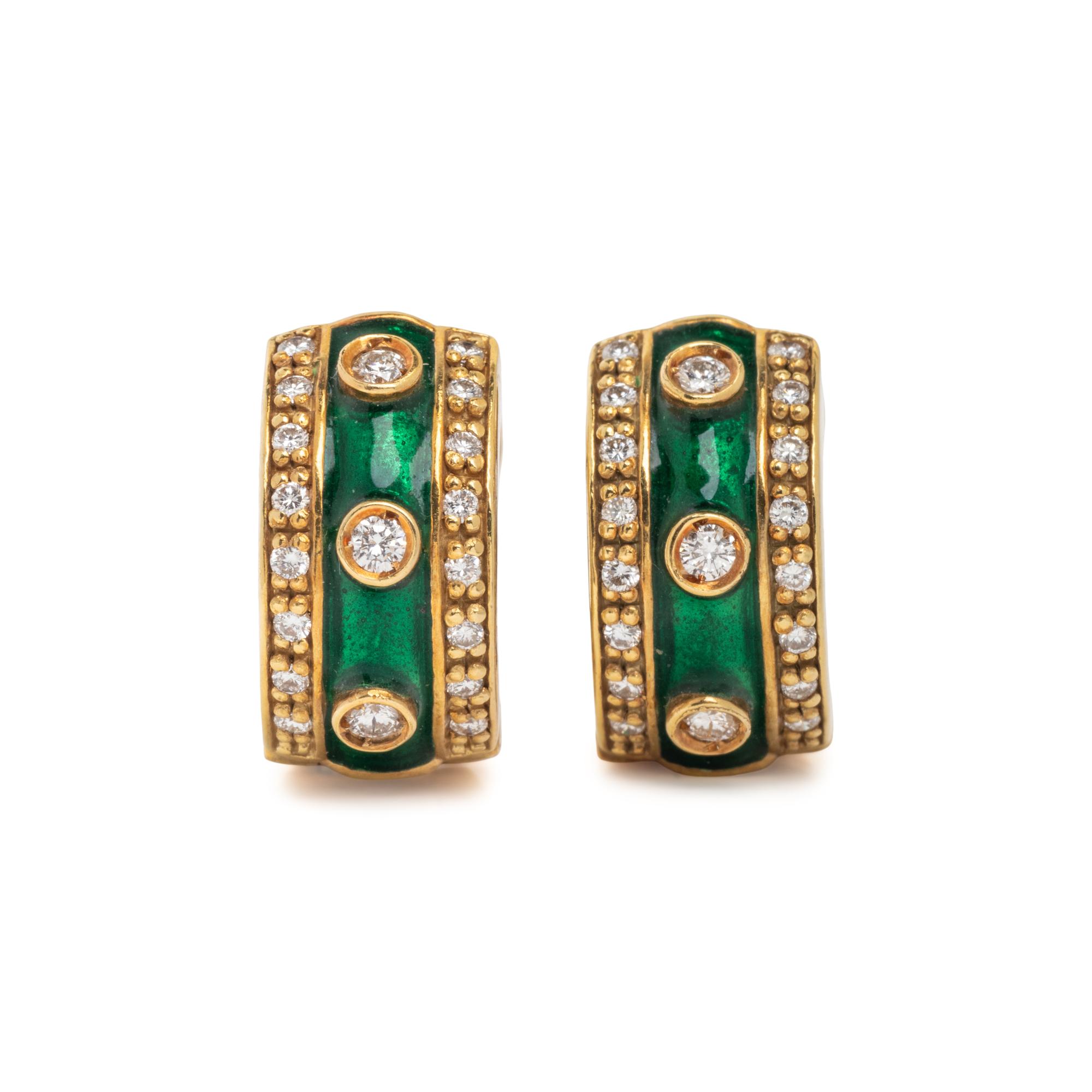 YELLOW GOLD, DIAMOND, AND ENAMEL HUGGIE EARRINGS