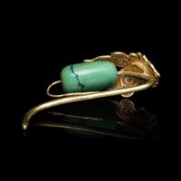 A Pair of Chinese Turquoise and Gold Filigree 'Eggplant' Earrings, Erhuan, Yuan Dynasty 元 金累絲鑲綠松石天茄式耳環一對