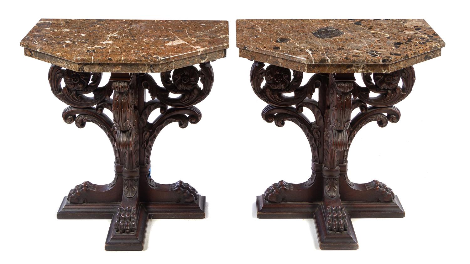 A Pair of Italian Renaissance Style Carved Side Tables Height 32 x width 30 5/8 x depth 18 3/4 inches. — 20TH CENTURY