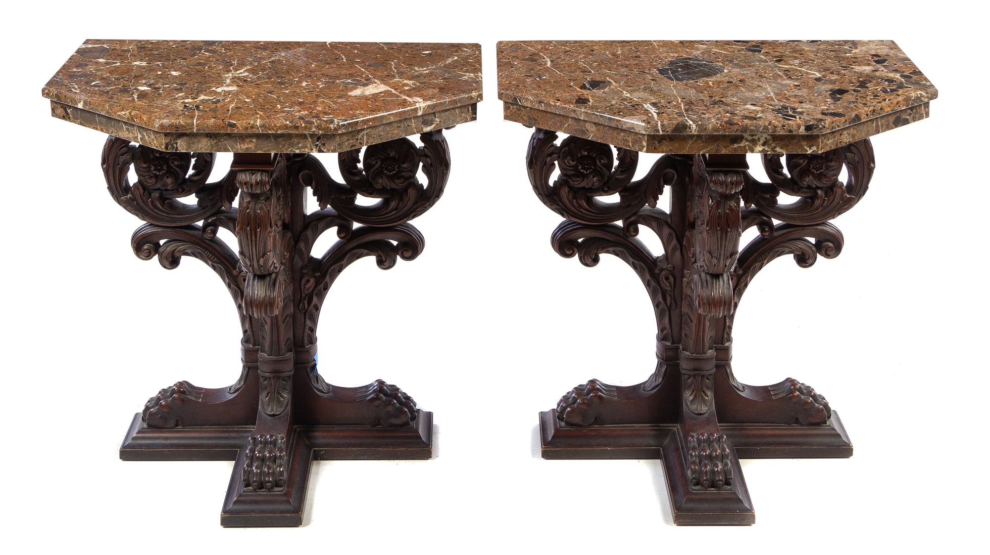 A Pair of Italian Renaissance Style Carved Side Tables Height 32 x width 30 5/8 x depth 18 3/4 inches. — 20TH CENTURY