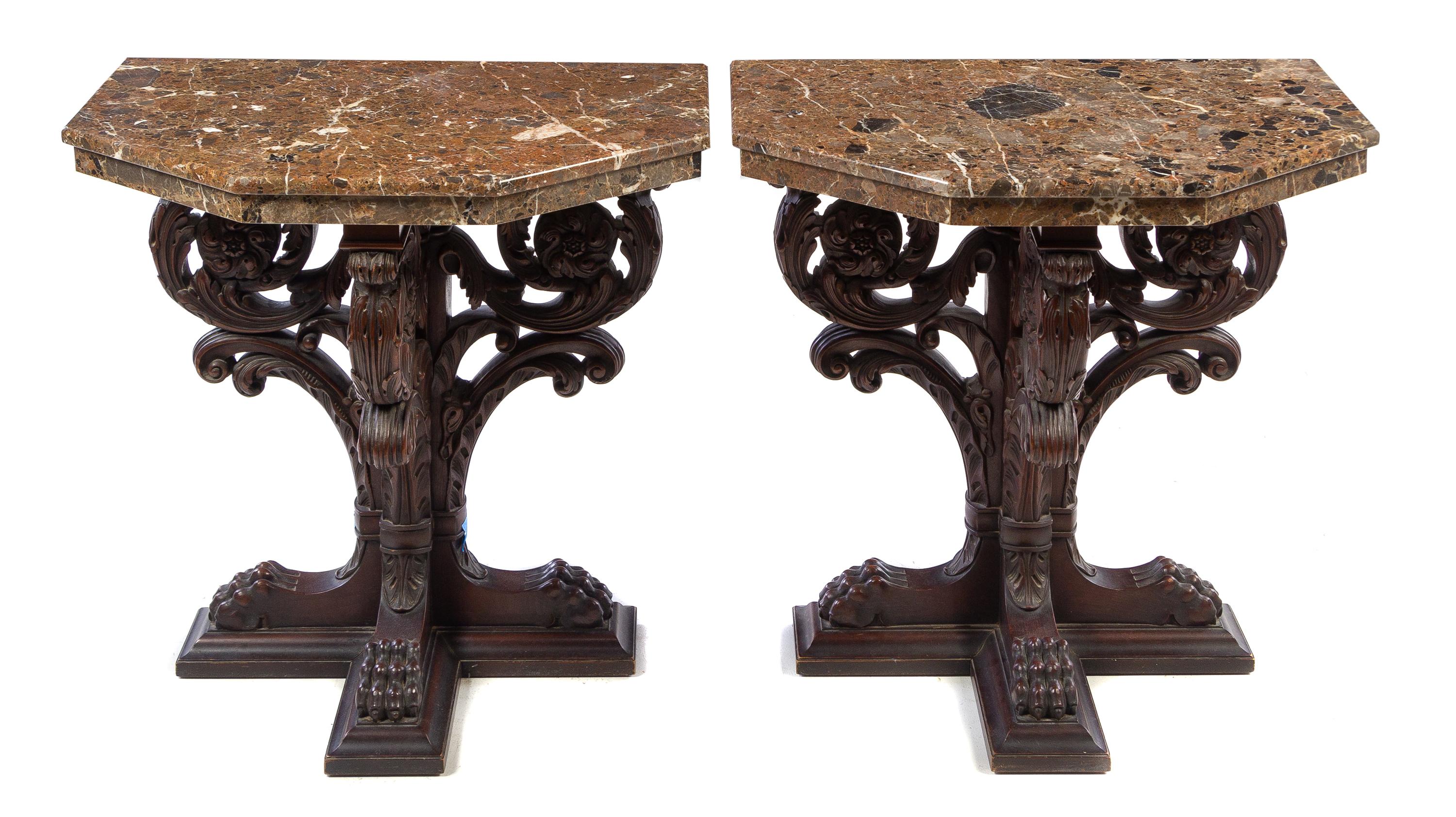 A Pair of Italian Renaissance Style Carved Side Tables Height 32 x width 30 5/8 x depth 18 3/4 inches. — 20TH CENTURY