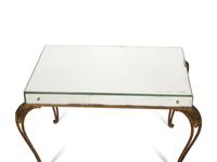 A Mirror and Brass Low Table and Associated Blue Glass and Wrought Iron Occasional Table