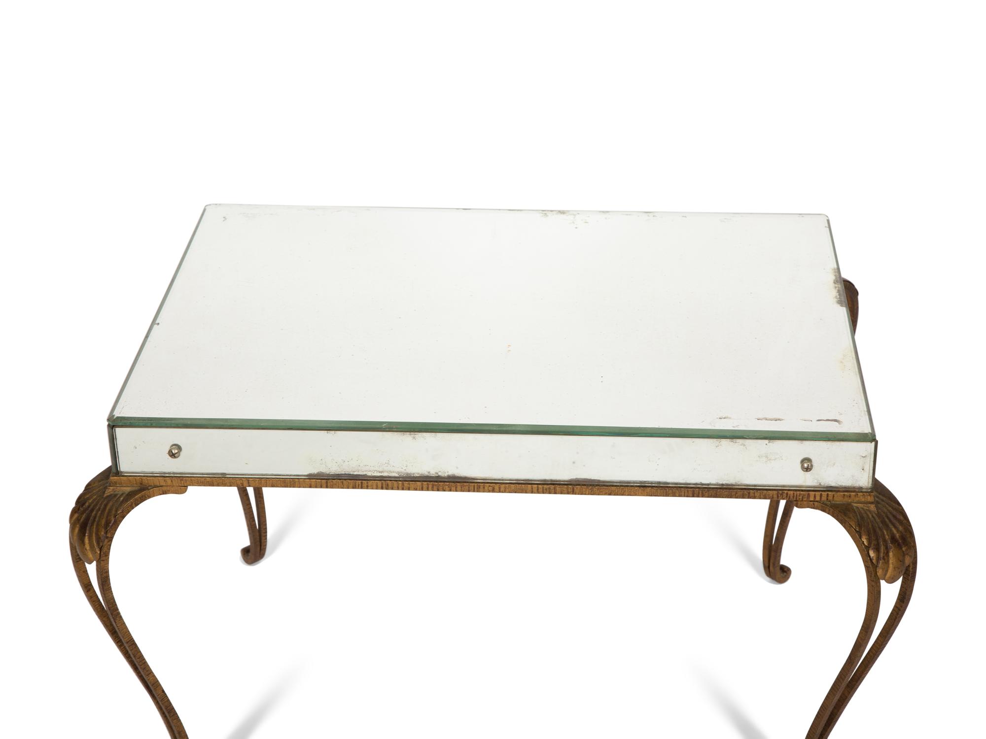 A Mirror and Brass Low Table and Associated Blue Glass and Wrought Iron Occasional Table