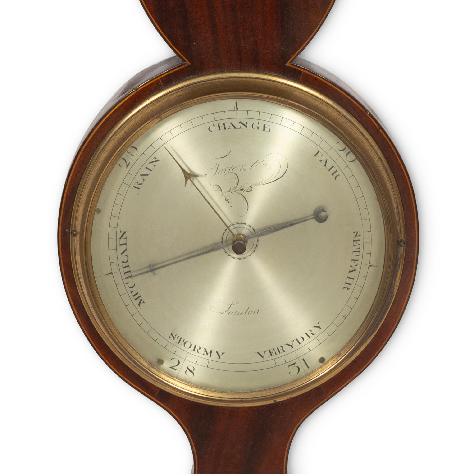 An English Mahogany Marquetry Wheel Barometer Thermometer