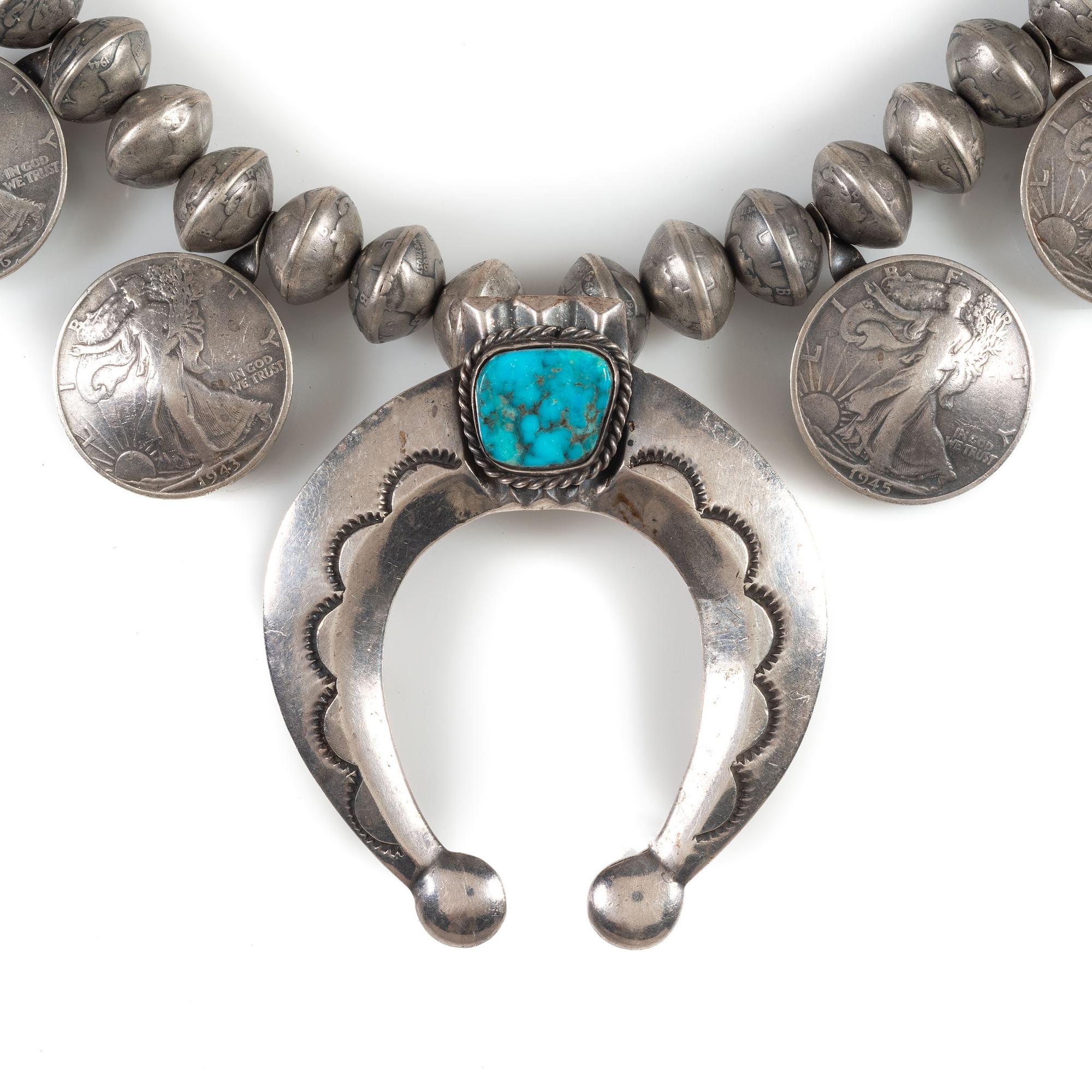 Navajo Mercury Dime and Liberty Silver Dollar Squash Blossom Necklace