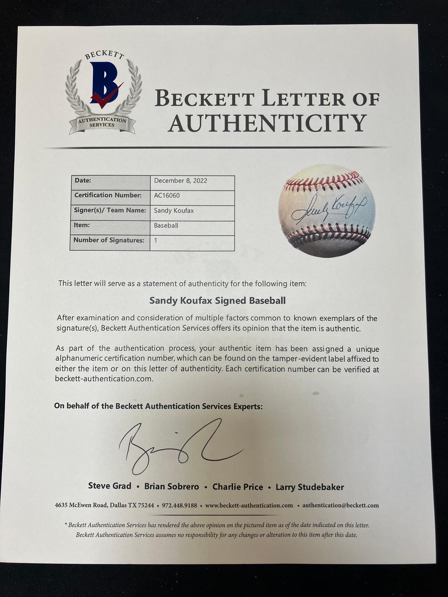 A Sandy Koufax Single Signed Autograph Baseball (Beckett Authentication Services Letter),