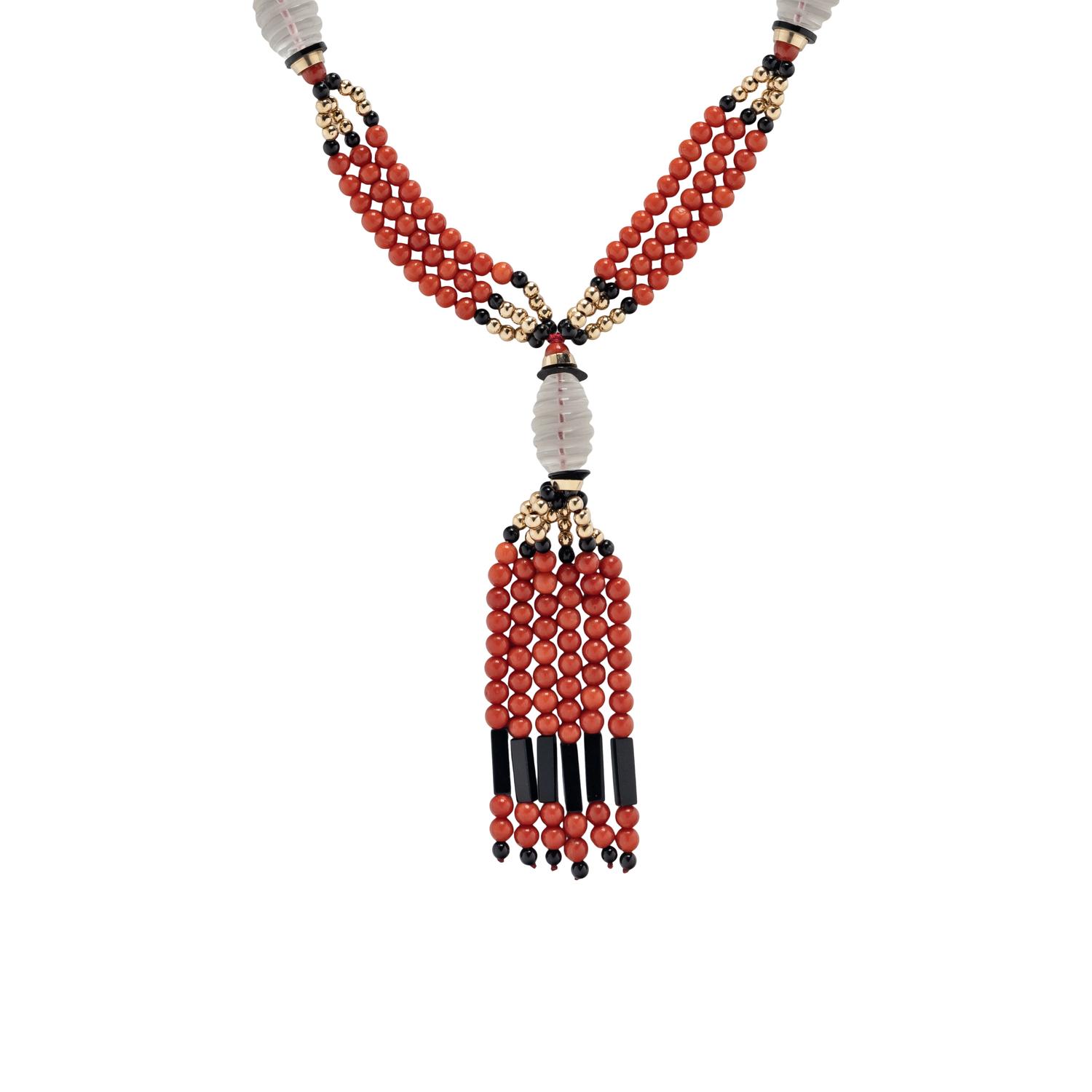 CORAL, BLACK ONYX, ROCK CRYSTAL QUARTZ, AND YELLOW GOLD TASSEL NECKLACE