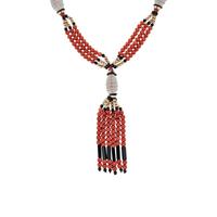 CORAL, BLACK ONYX, ROCK CRYSTAL QUARTZ, AND YELLOW GOLD TASSEL NECKLACE