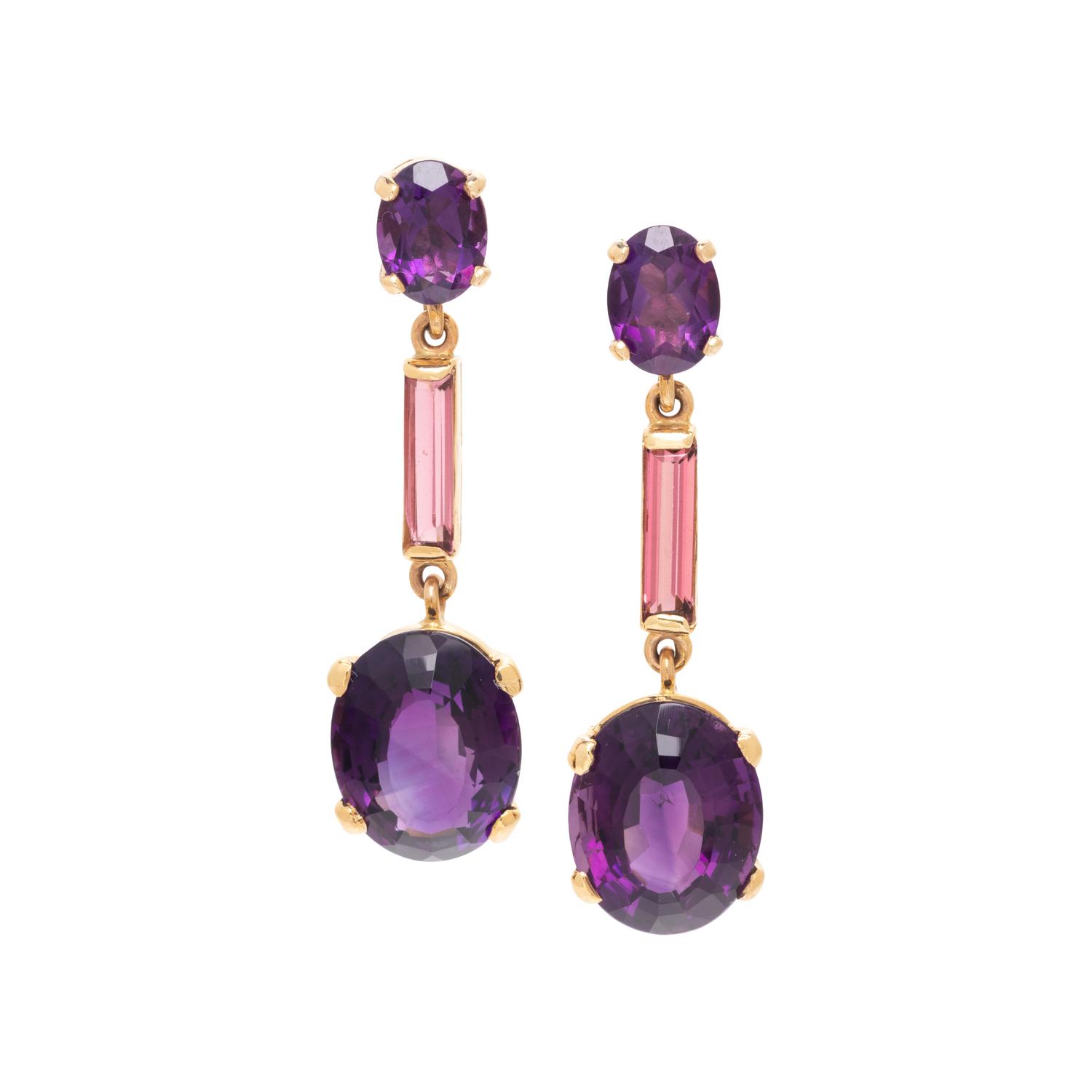 YELLOW GOLD, AMETHYST AND TOURMALINE EARRINGS
