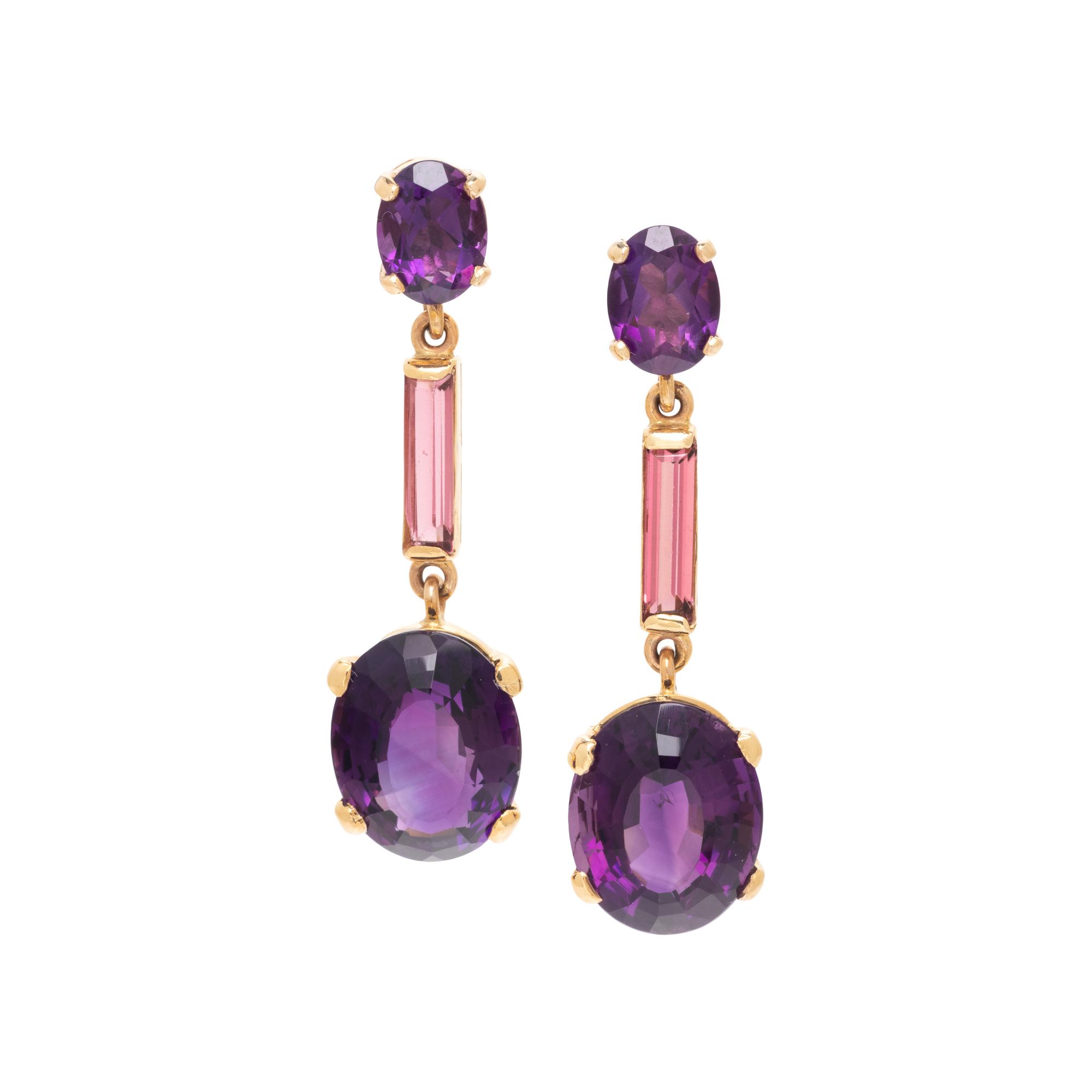 YELLOW GOLD, AMETHYST AND TOURMALINE EARRINGS