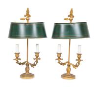 A Pair of Gilt Bronze Bouillotte Lamps with Green Tole Shades