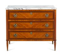 A Louis XVI Style Mahogany and Satinwood Marble-Top Commode