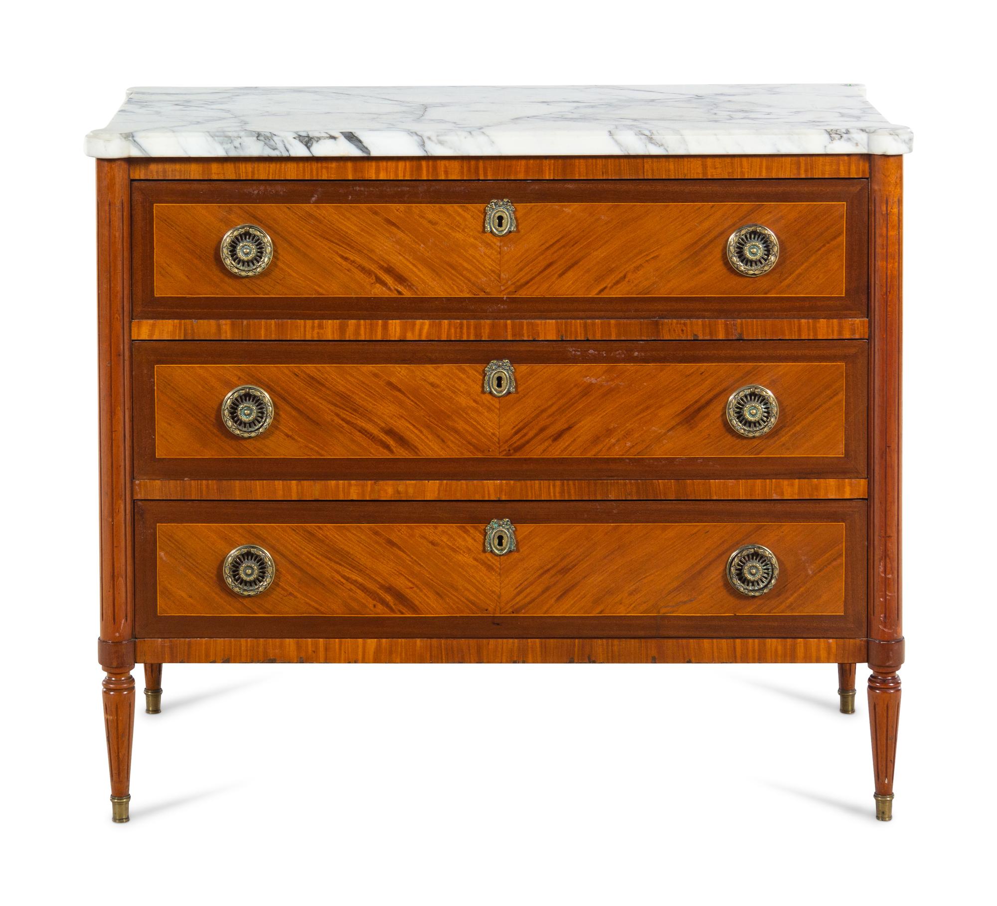A Louis XVI Style Mahogany and Satinwood Marble-Top Commode