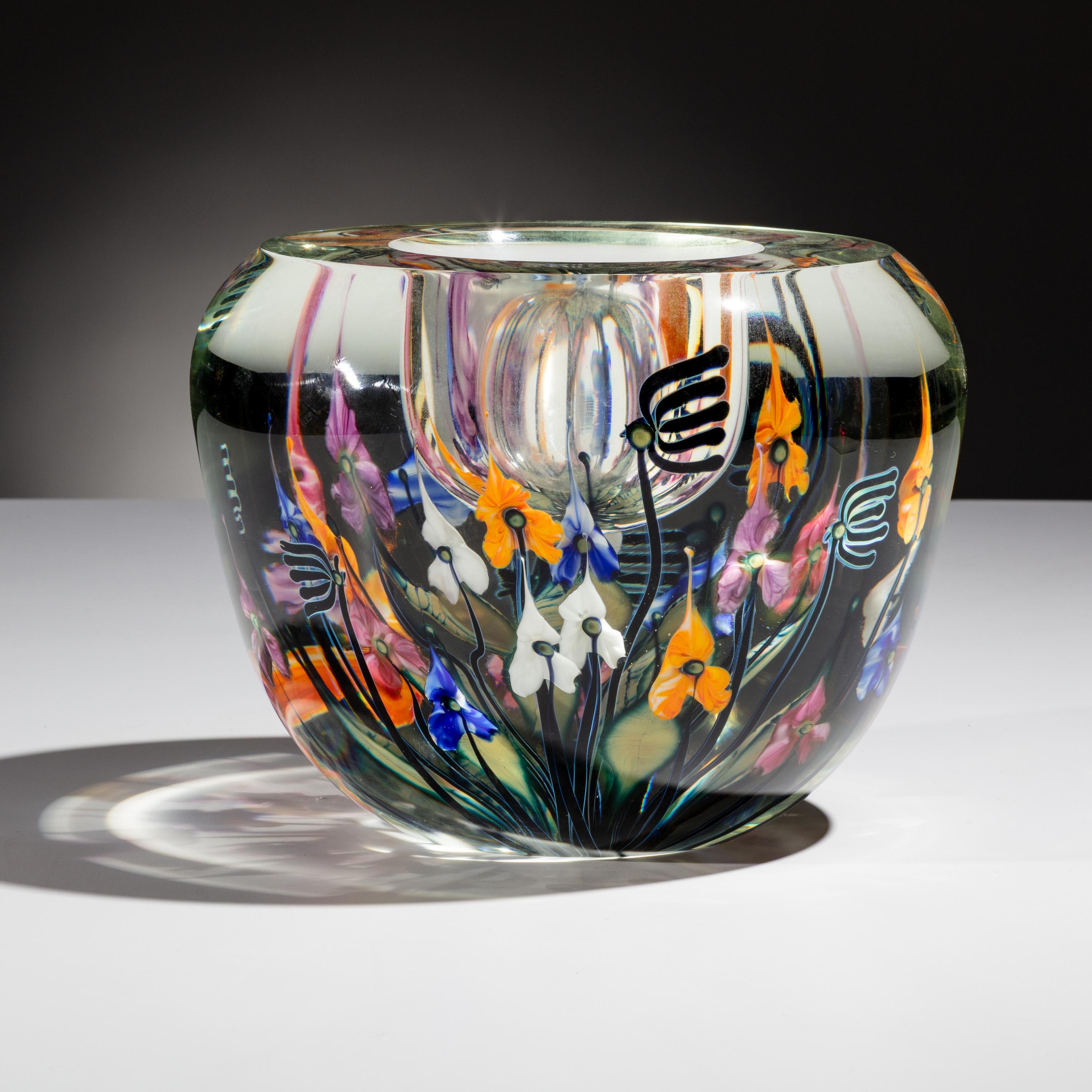 John Lotton (American, b. 1964) — Bowl, Milled Edge Vase Multi-Colored Flowers, 2003