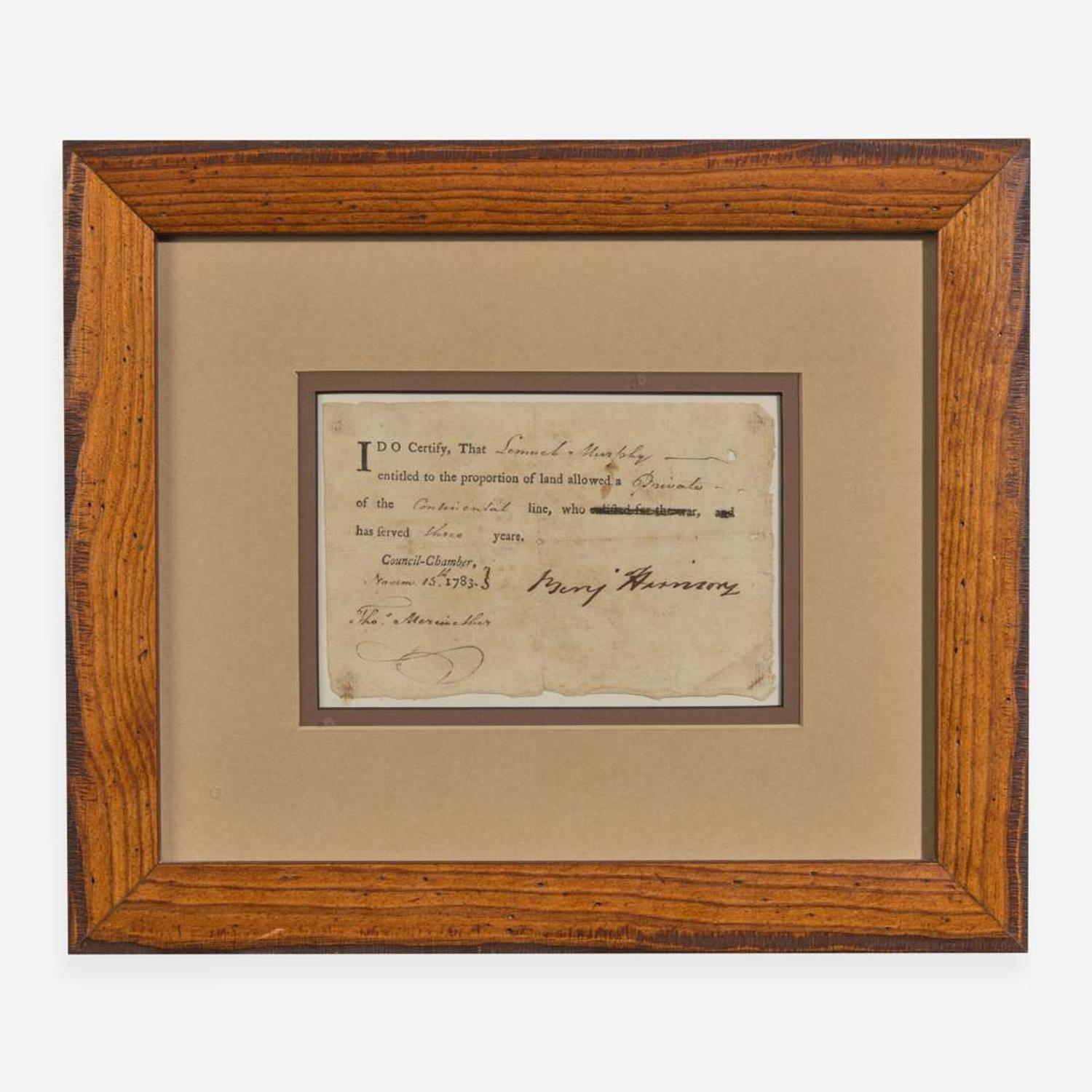 [Declaration of Independence] [Virginia] Harrison, Benjamin Partially-Printed Document, signed