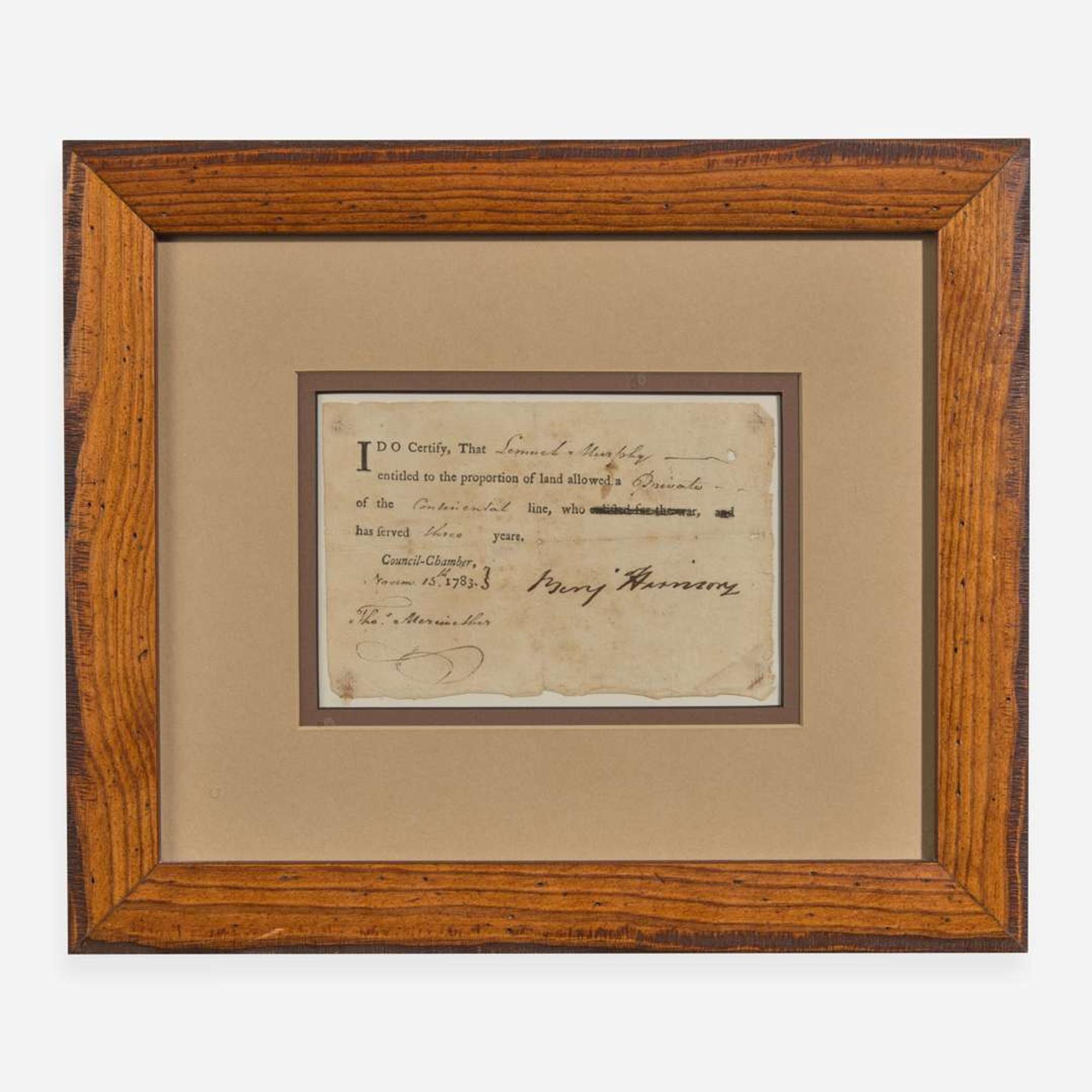 [Declaration of Independence] [Virginia] Harrison, Benjamin Partially-Printed Document, signed