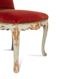 A Set of Six Louis XV Blue Painted and Parcel-Gilt Dining Chairs