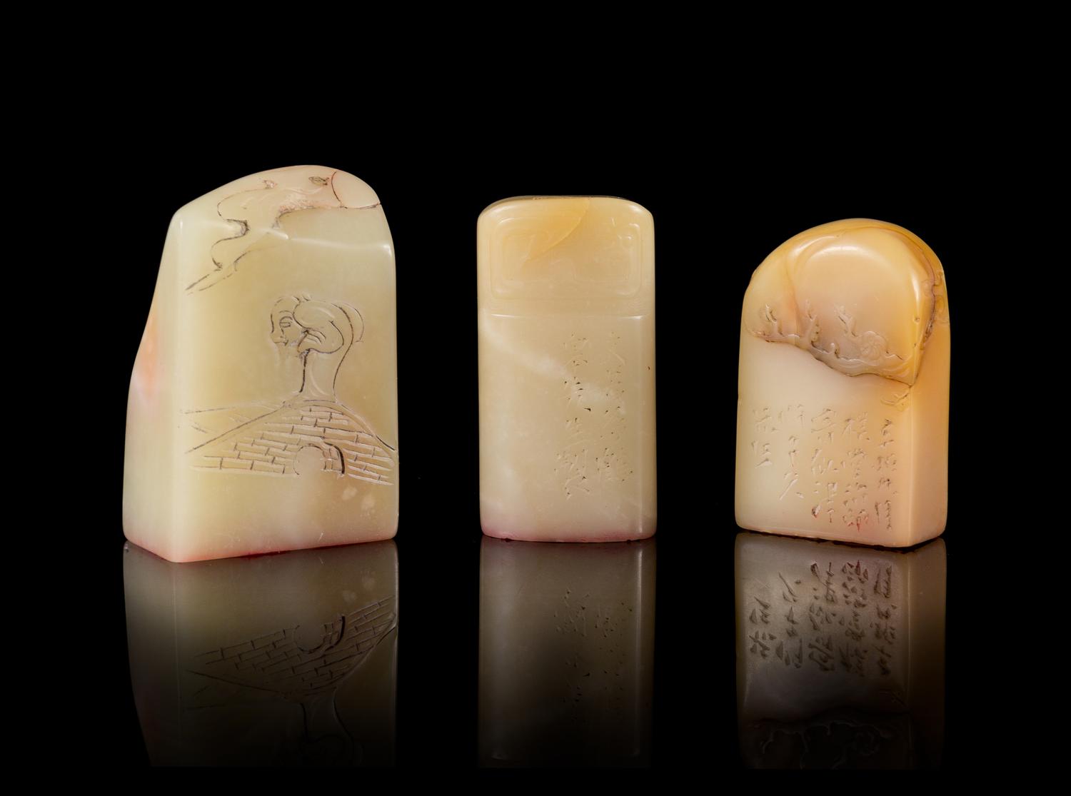 Three Jade Seals Height of largest 2 inches.