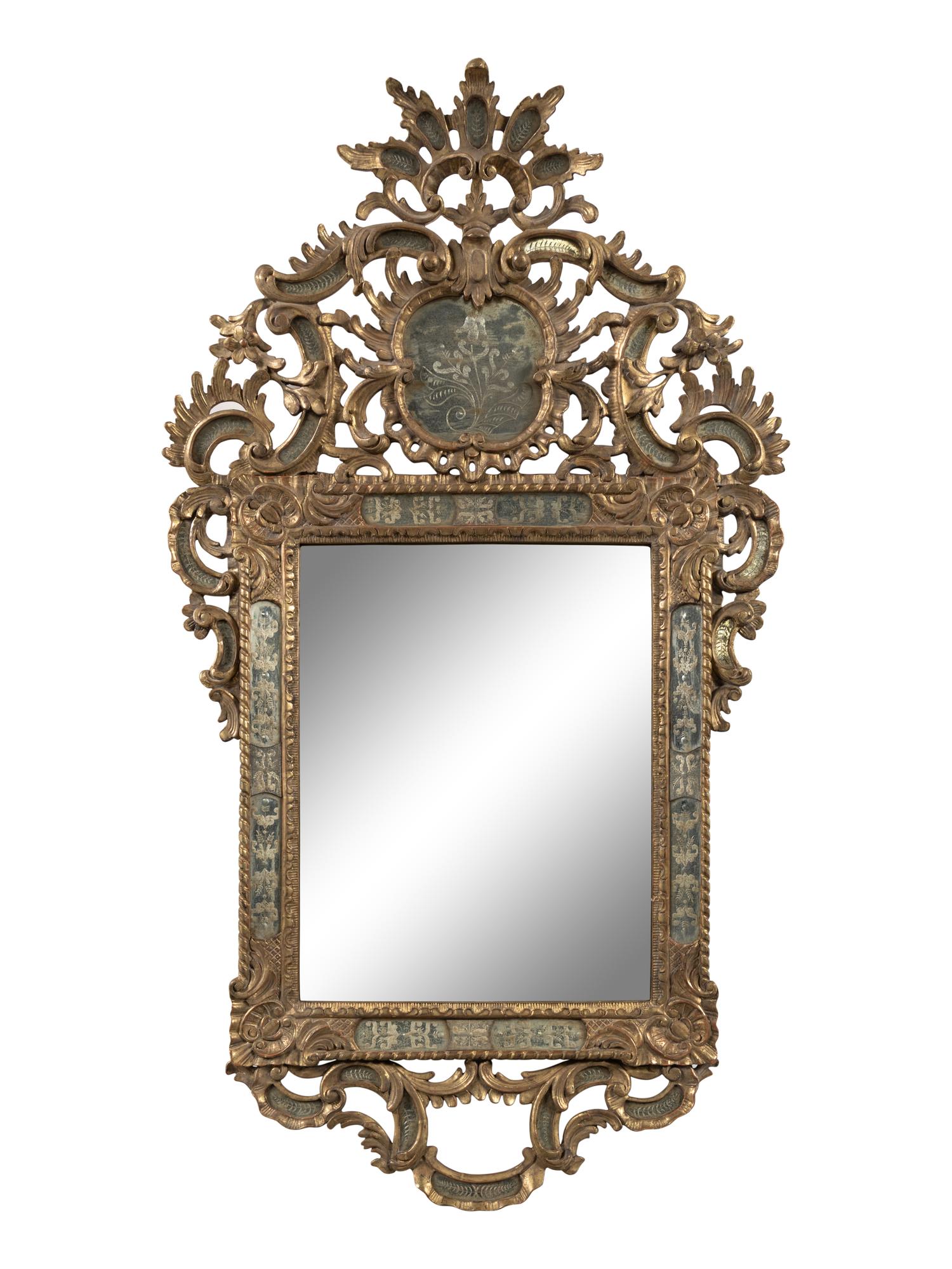 A Pair of Italian Baroque Style Giltwood and Etched Glass Mirrors