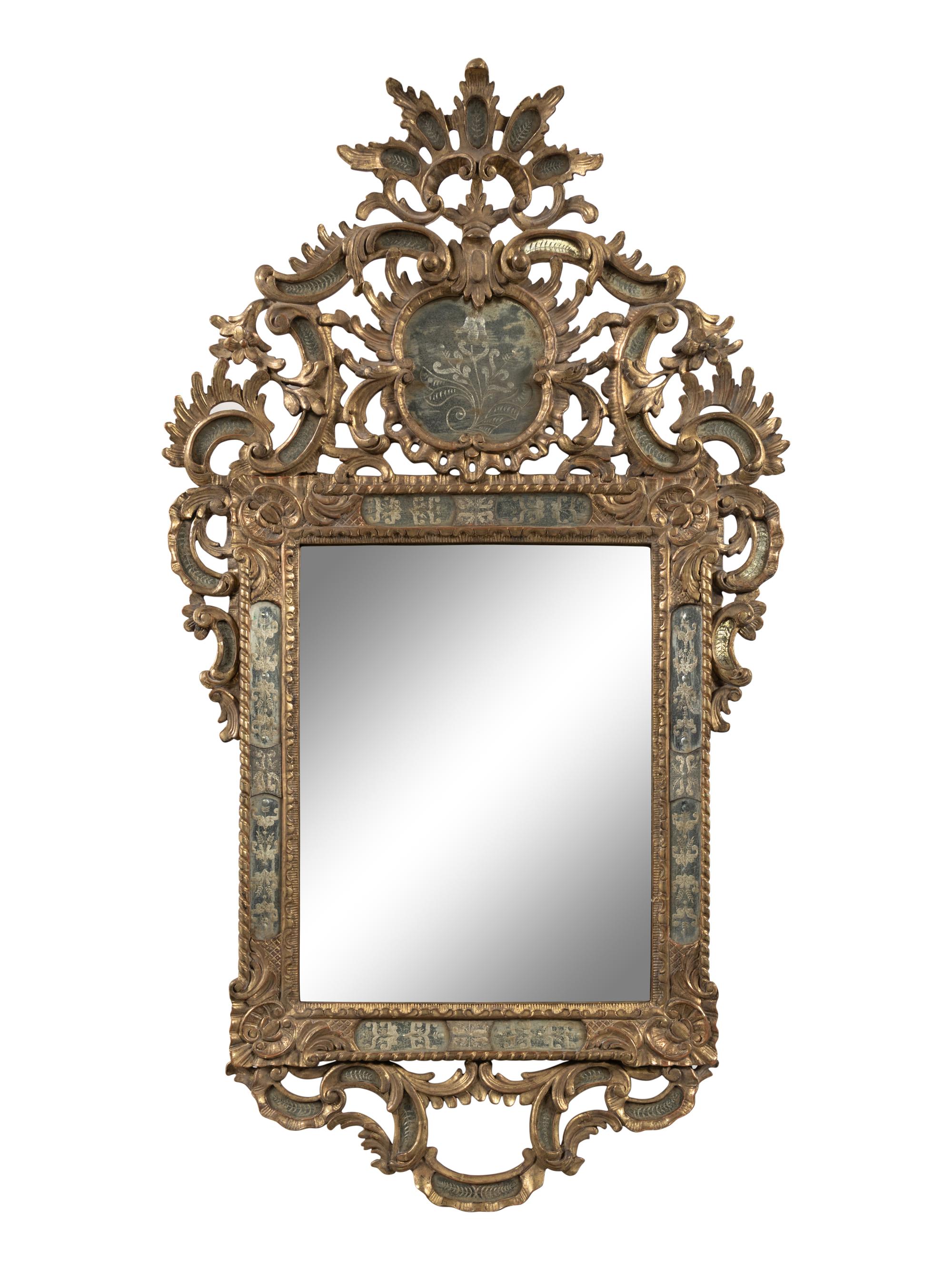 A Pair of Italian Baroque Style Giltwood and Etched Glass Mirrors
