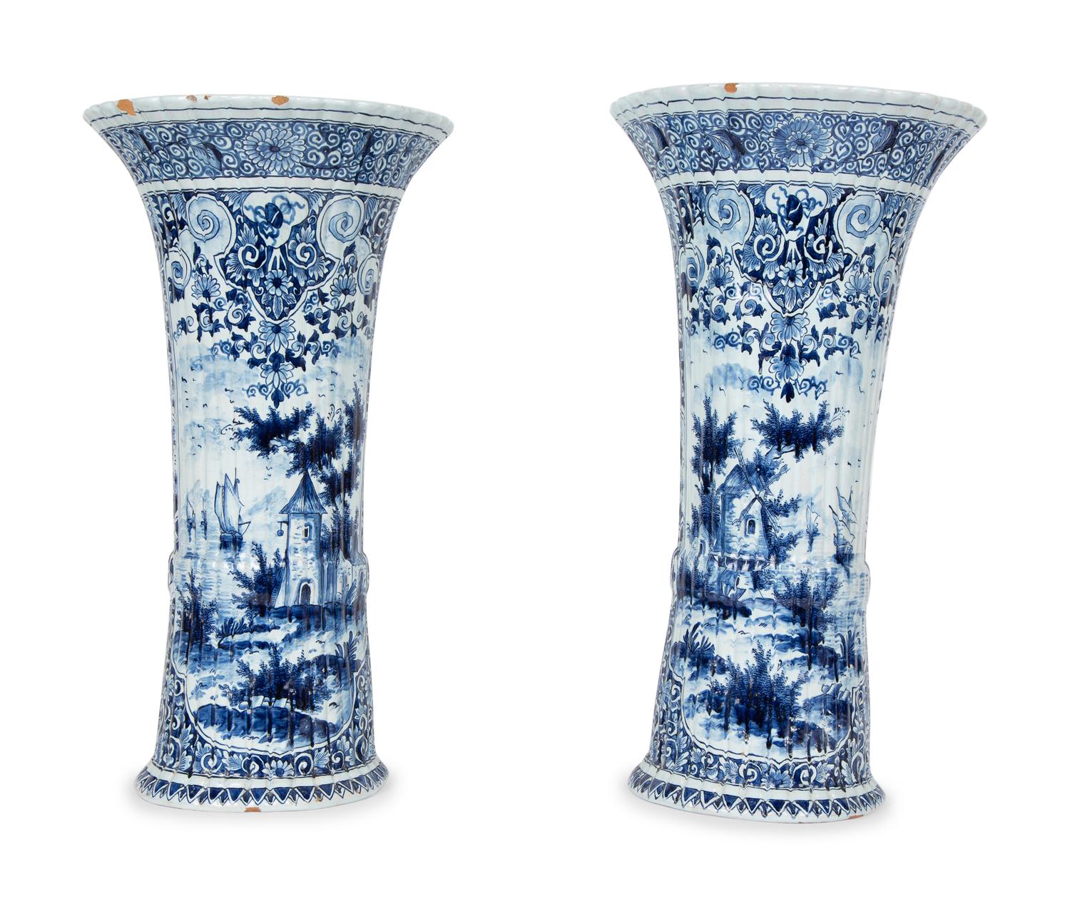 A Pair of Dutch Delft Trumpet-Form Fluted Vases — 19TH/20TH CENTURY