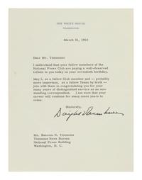 EISENHOWER, Dwight D. (1890-1969). Typed letter signed ("Dwight Eisenhower"), as President, to Bascom N. Timmons (1890-1987). Washington, D.C., 31 March 1960. 1 page, 4to, on White House letterhead with envelope.