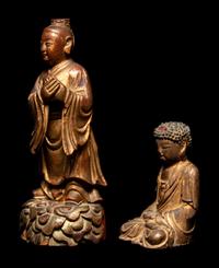 Two Chinese Gilt and Red Lacquered Wood Figures
