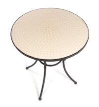 A Mosaic-Inset Metal Garden Table Height 29 x diameter of top 24 1/2 inches.