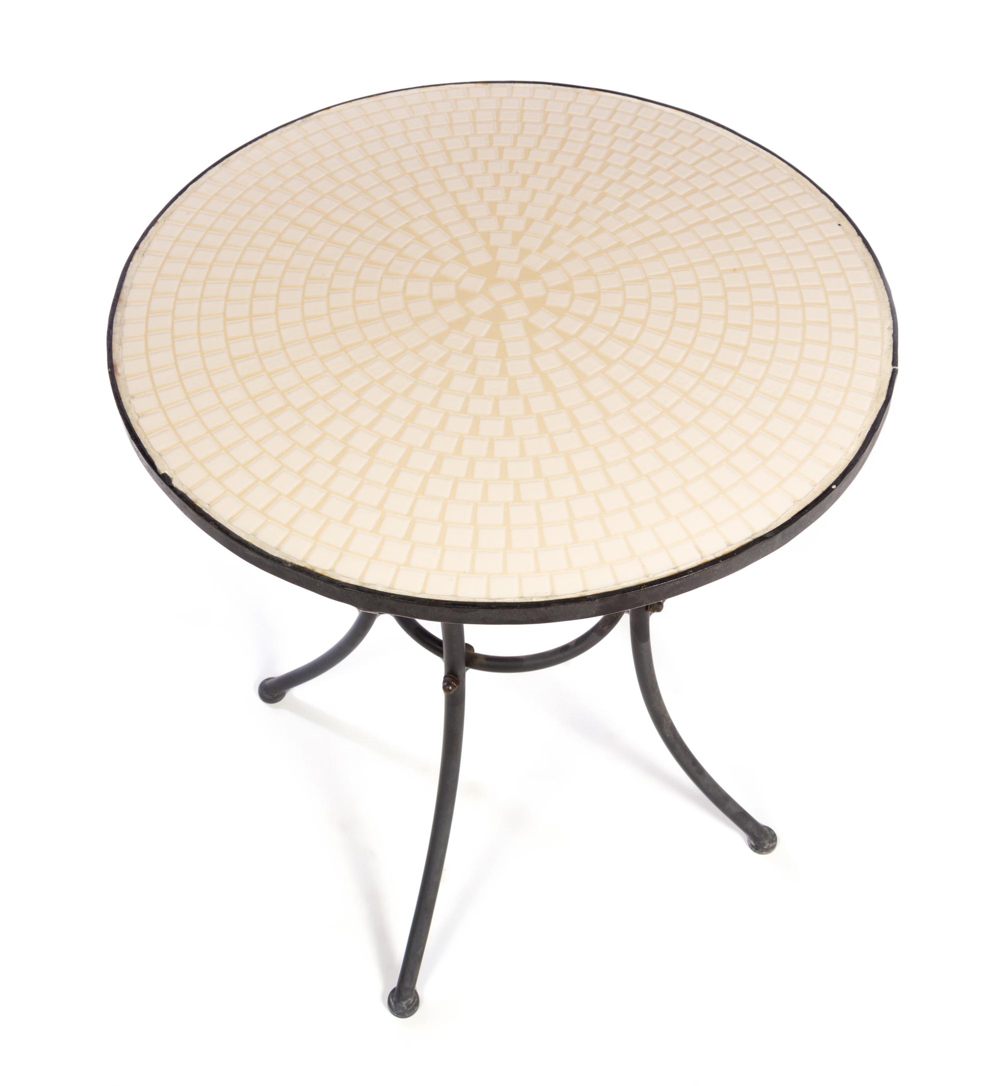 A Mosaic-Inset Metal Garden Table Height 29 x diameter of top 24 1/2 inches.