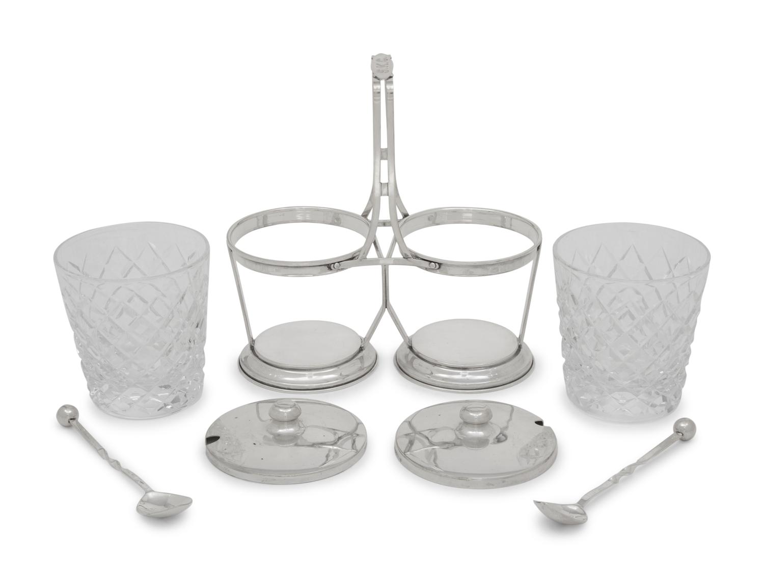 An American Silver and Cut Glass Jam Pot Set