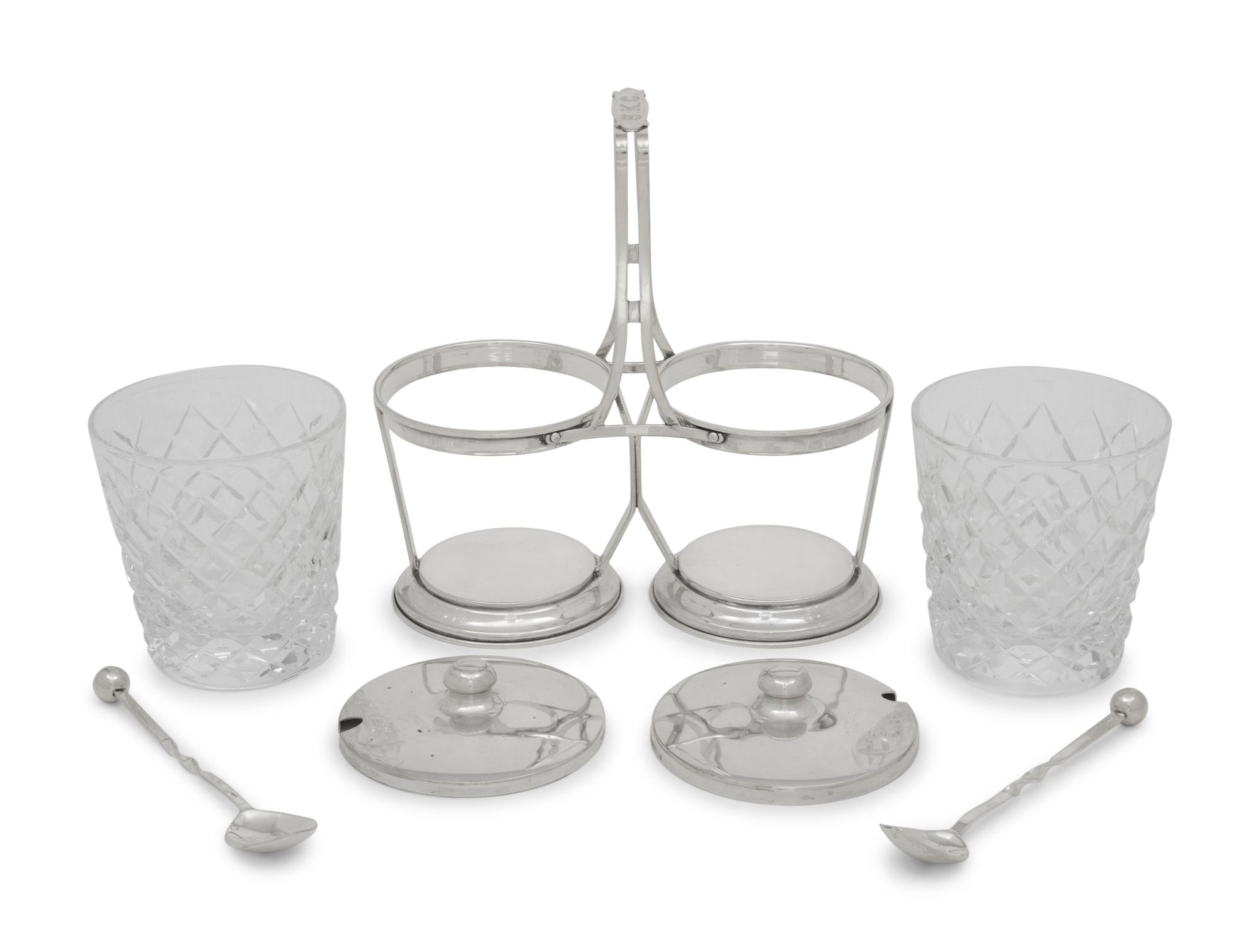 An American Silver and Cut Glass Jam Pot Set