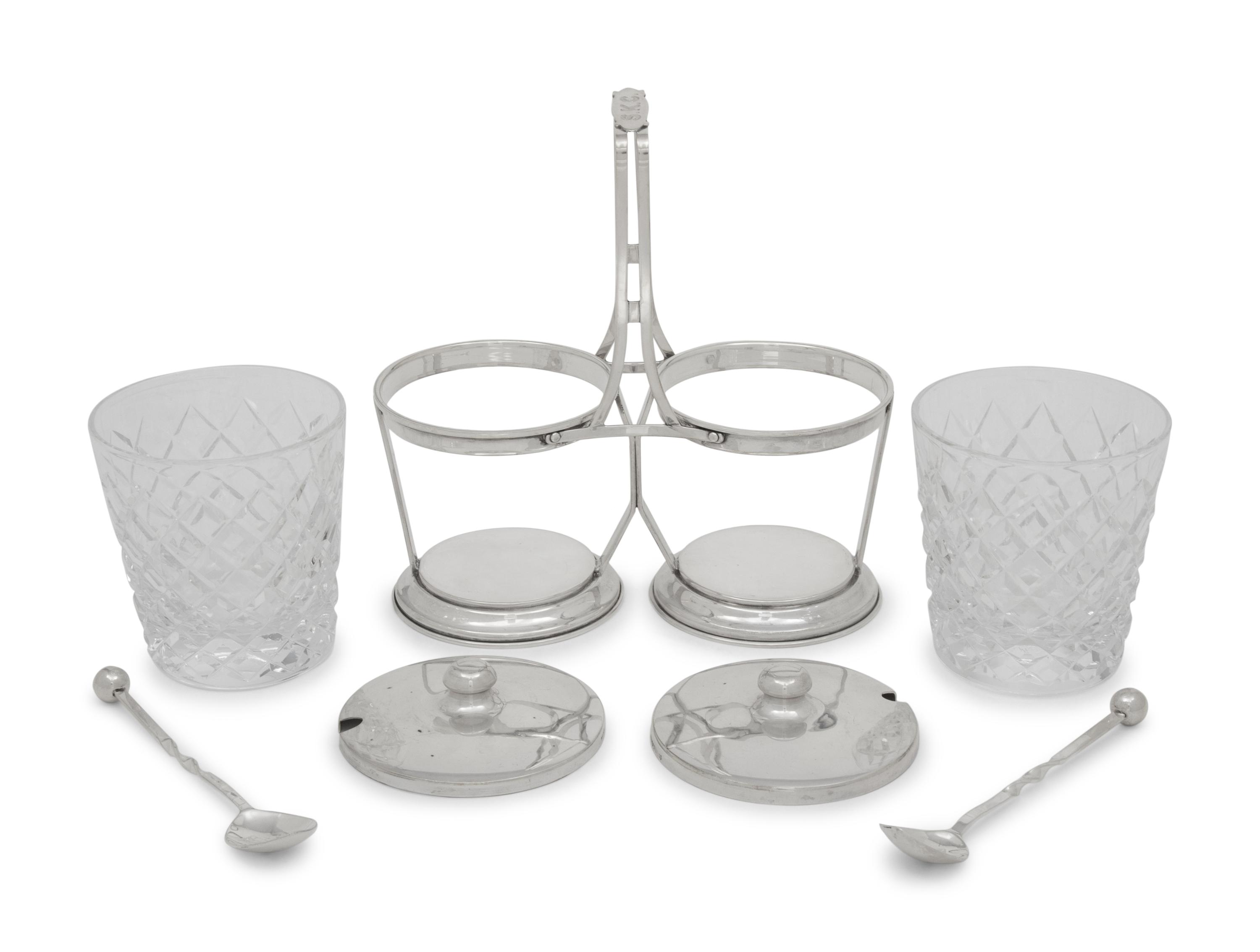 An American Silver and Cut Glass Jam Pot Set