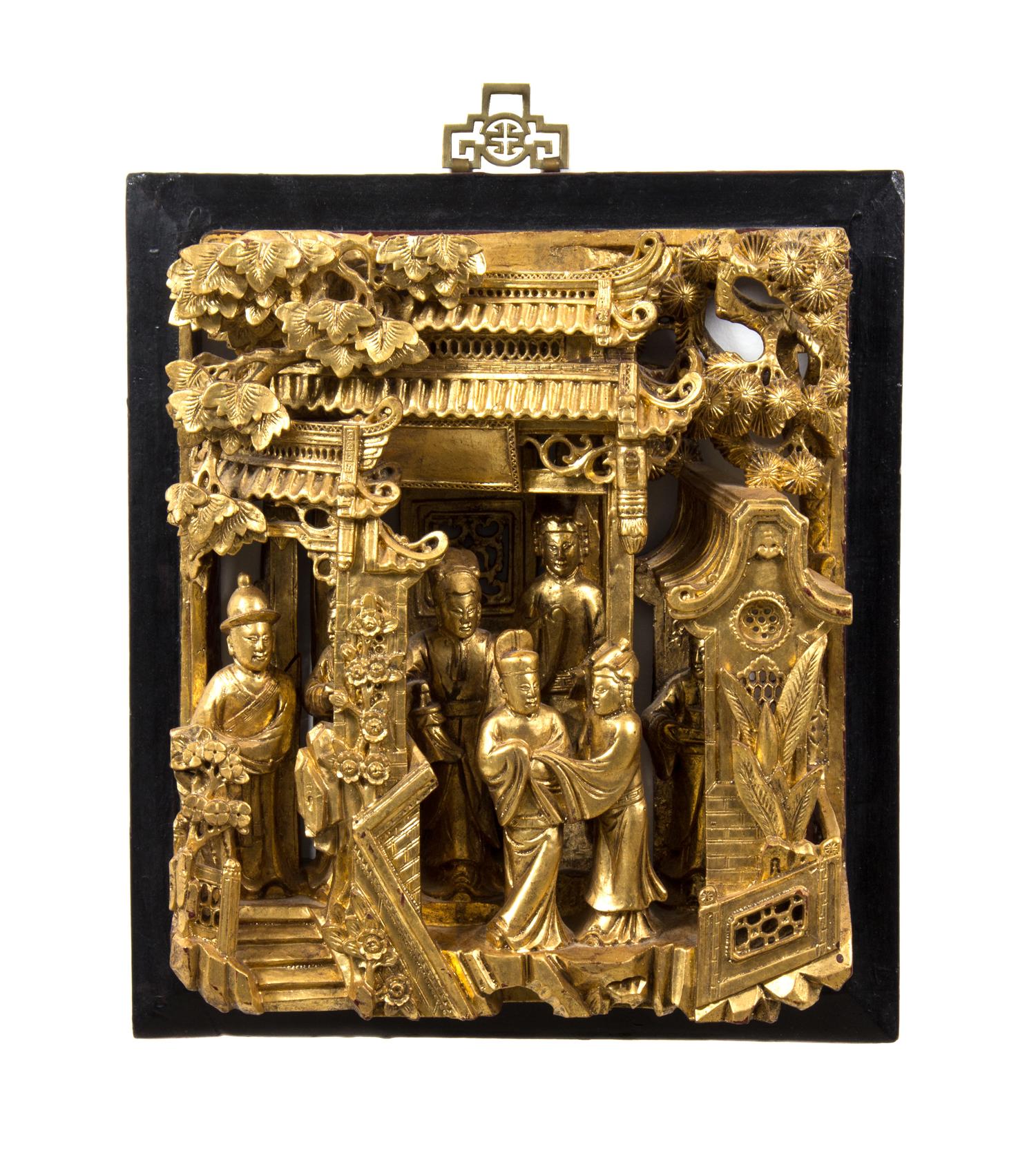 A Group of Five Pierce Carved Giltwood Panels Height of tallest 35 1/2 x width 7 1/4 x depth 3 1/2 inches.