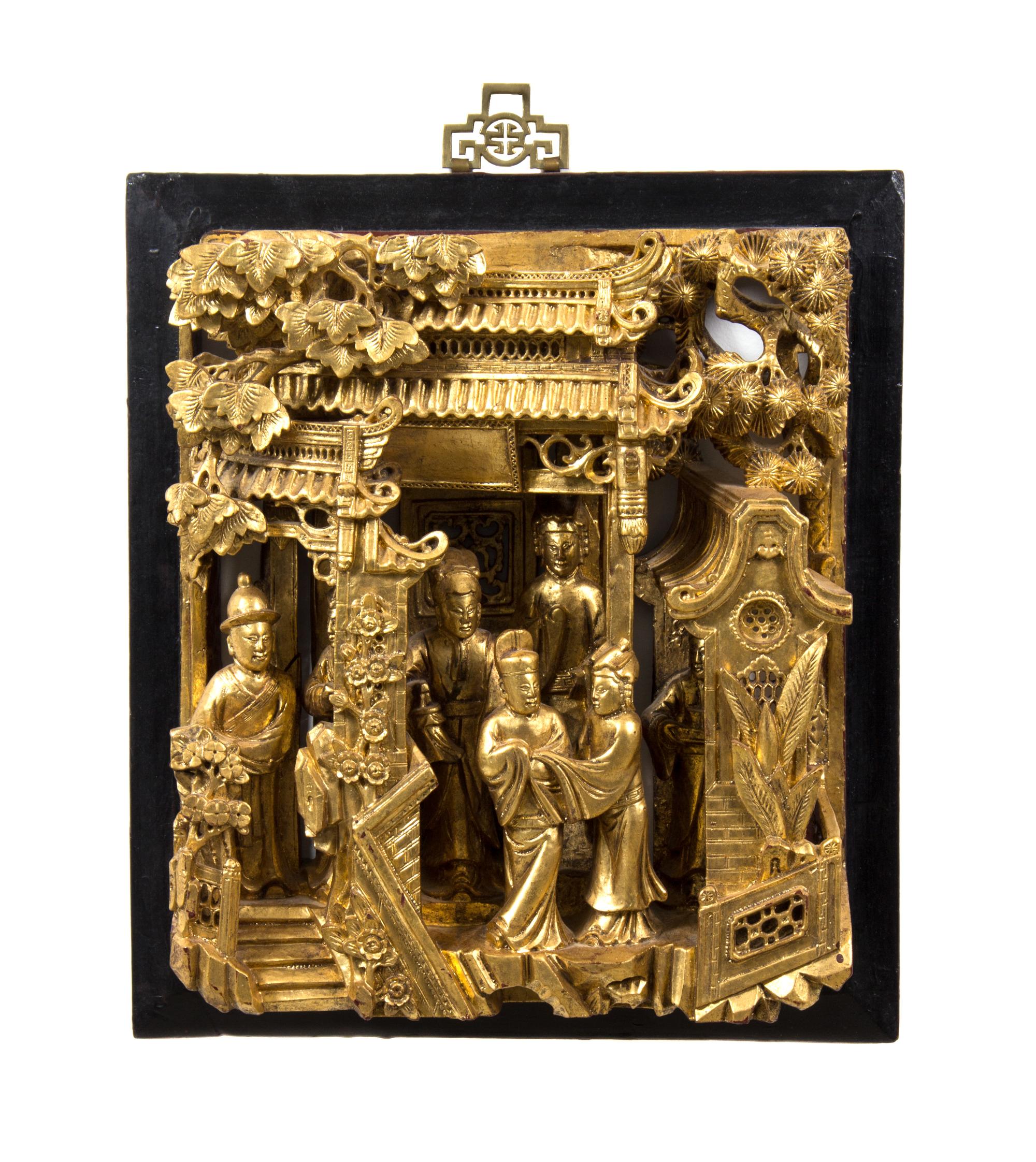A Group of Five Pierce Carved Giltwood Panels Height of tallest 35 1/2 x width 7 1/4 x depth 3 1/2 inches.