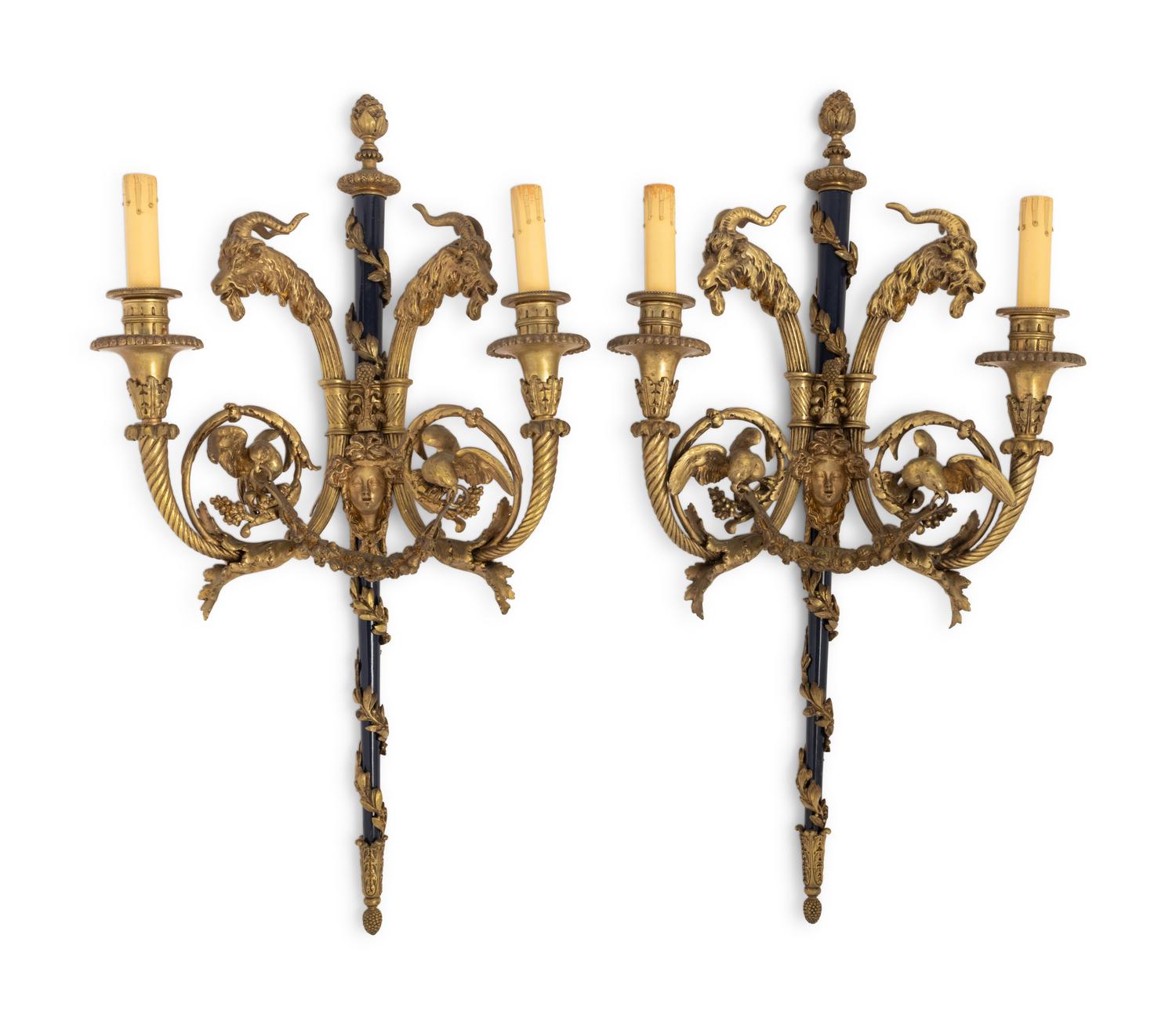 A Pair of French Gilt Bronze Two-Light Sconces