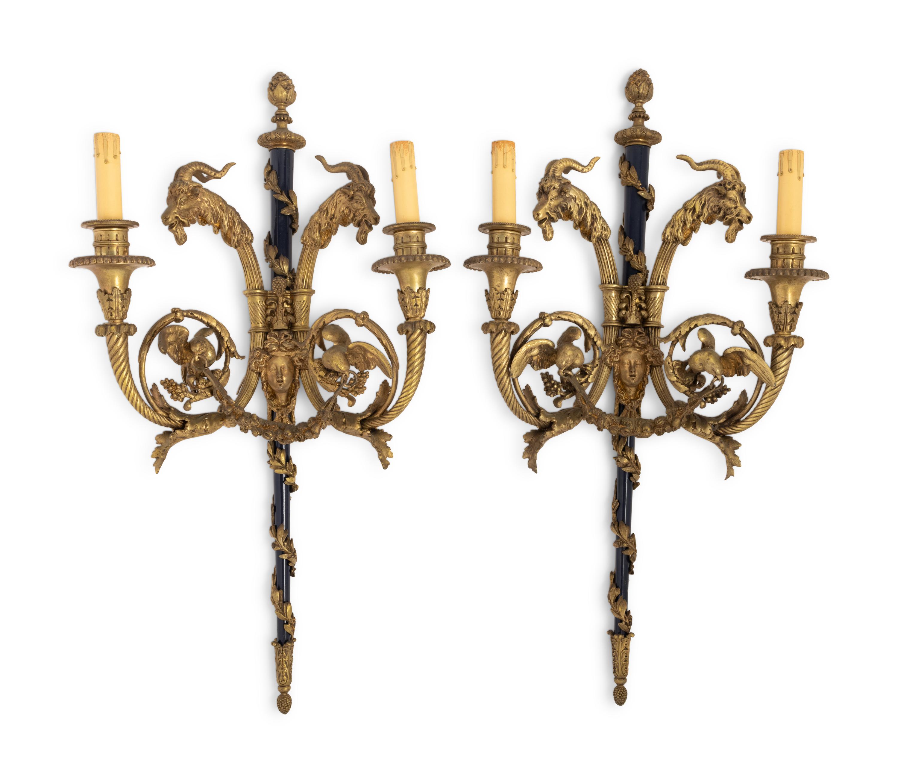 A Pair of French Gilt Bronze Two-Light Sconces