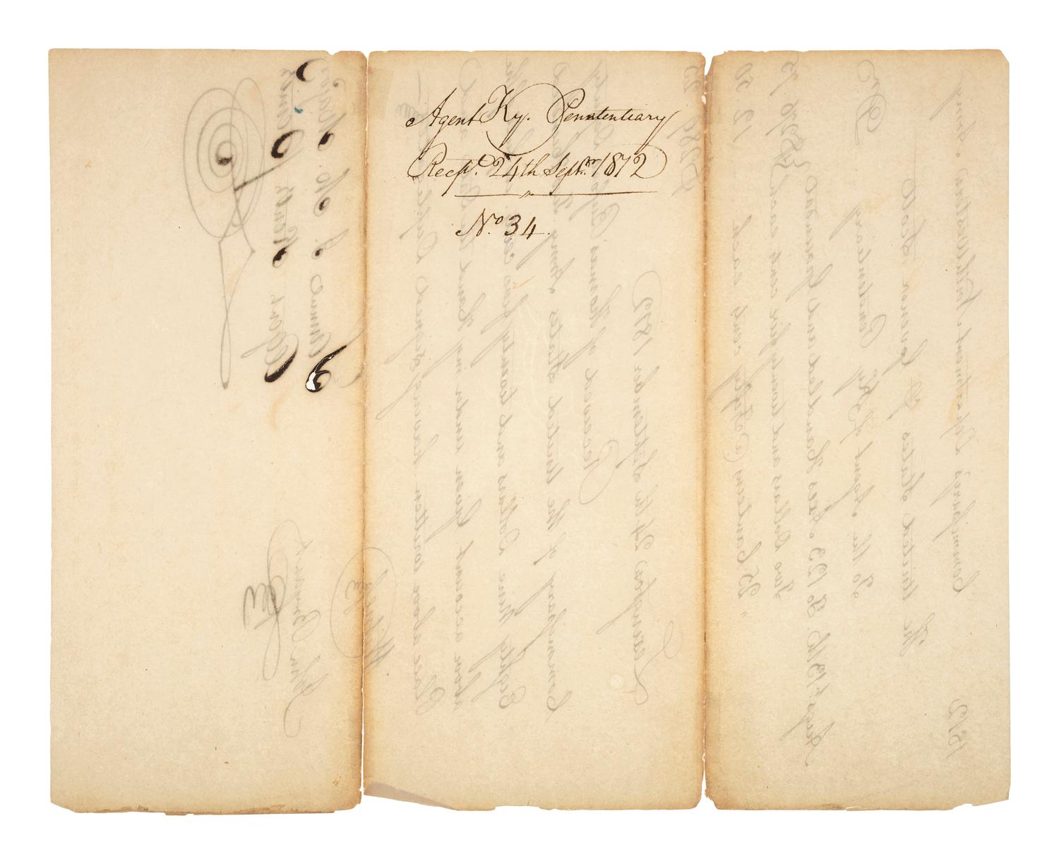 [KENTUCKY]. Receipt indicating payment from the Commissary's Department Northwestern Army to the Agent of the Kentucky Penitentiary, 1812.