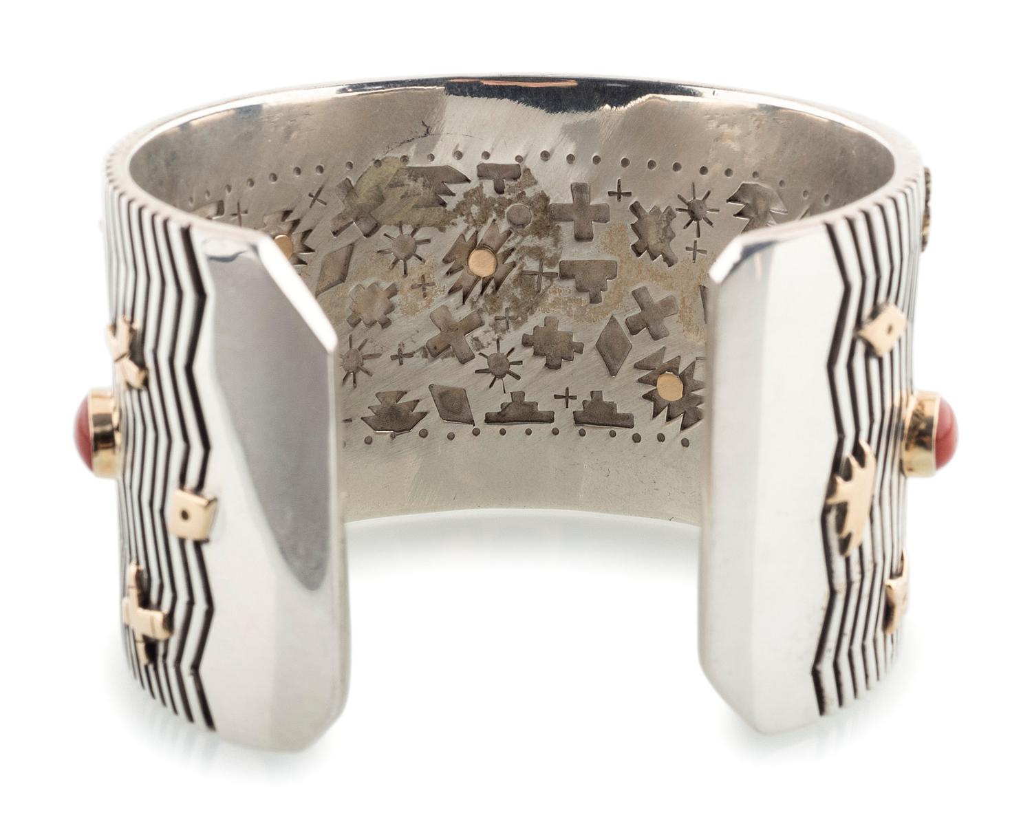 Sterling Silver Cuff Bracelet, Set with Coral Cabochons and Accented with 14K Gold