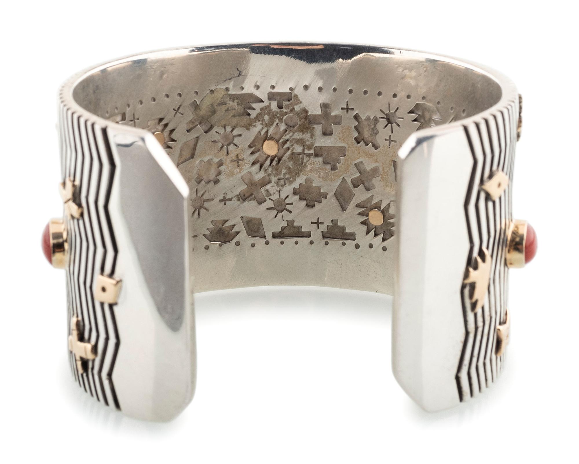 Sterling Silver Cuff Bracelet, Set with Coral Cabochons and Accented with 14K Gold