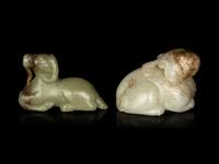 A Chinese Celadon Jade Figure of a Ram and A Chinese White Jade Figure of Tianlu