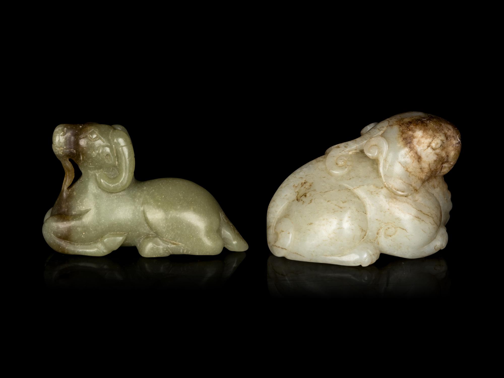 A Chinese Celadon Jade Figure of a Ram and A Chinese White Jade Figure of Tianlu