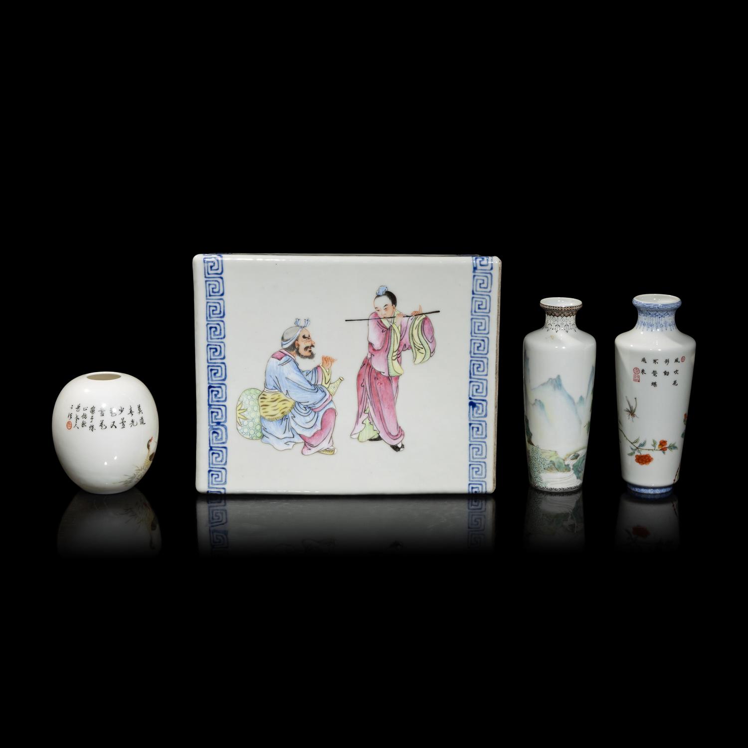 Three Chinese Eggshell Porcelain Vases and a Famille Rose Pillow, 20th Century 民國-近代 粉彩瓷三件